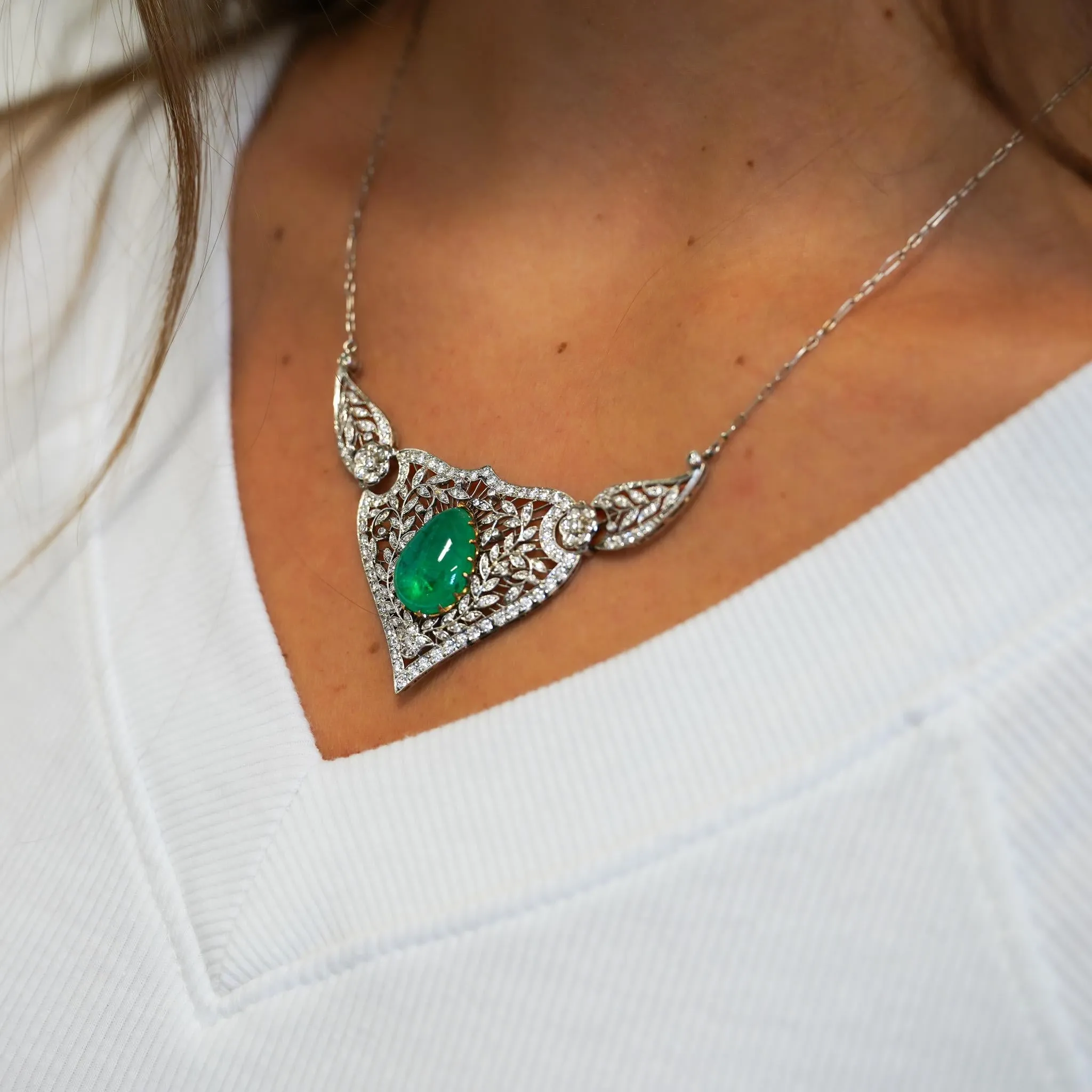 11ct Cabochon Drop Emerald Diamond Floral Platinum Necklace