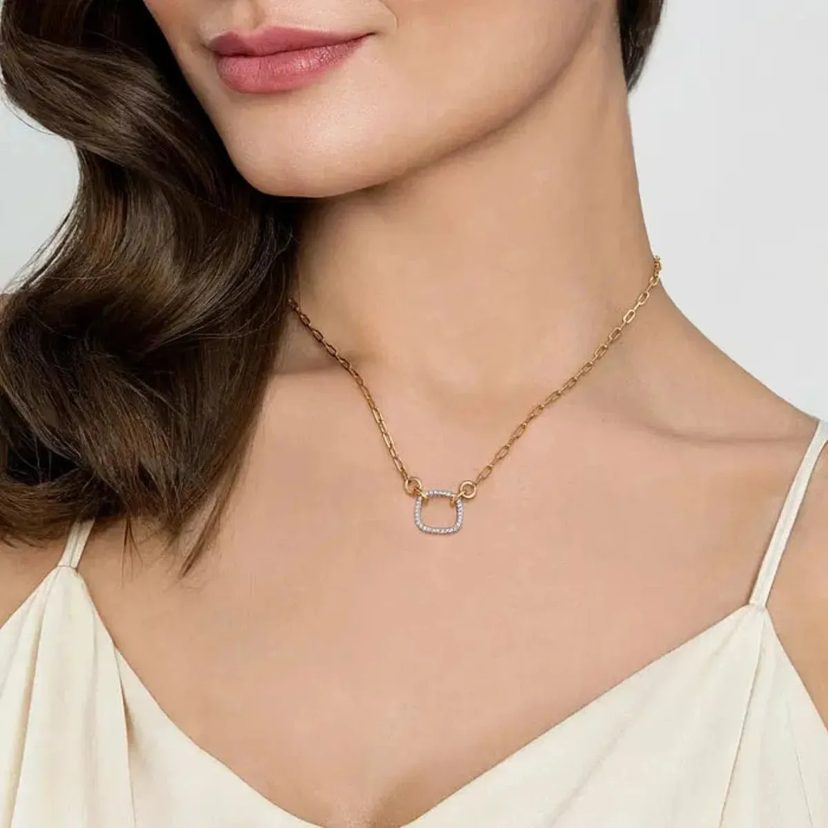 14K Y Gold 0.23ctw 17" Hollow Paperclip Chain with Open Diamond Square