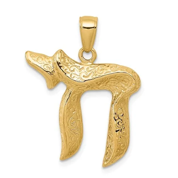 14K Y Gold Scroll Design Chai Pendant