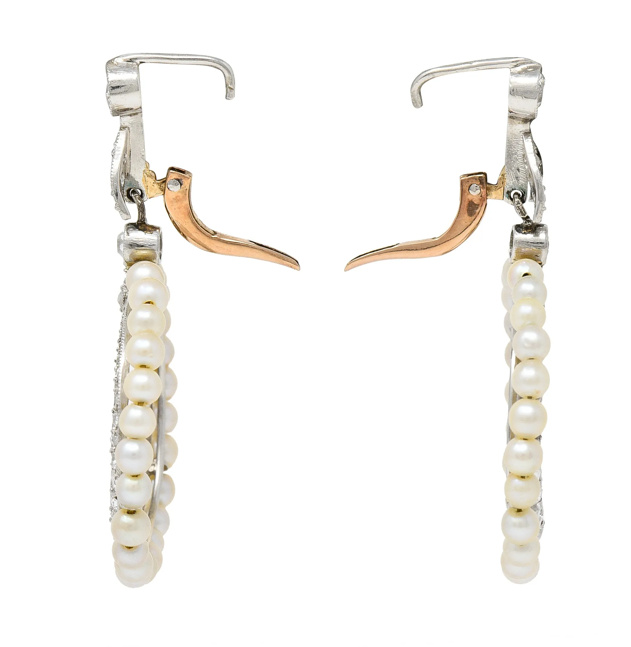 1910 Edwardian Antique Pearl 1.50 CTW Diamond Platinum 14 Karat Gold Leverback Drop Earrings