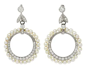 1910 Edwardian Antique Pearl 1.50 CTW Diamond Platinum 14 Karat Gold Leverback Drop Earrings
