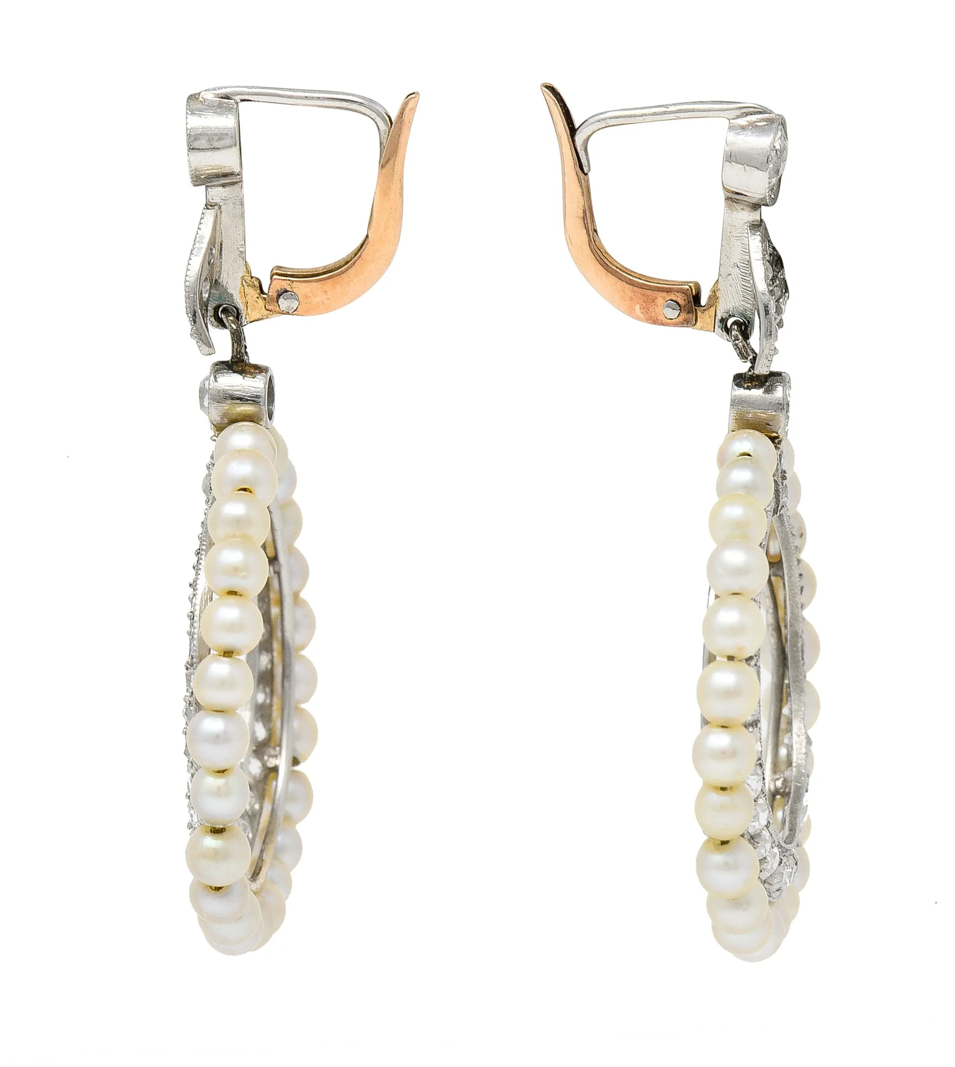 1910 Edwardian Antique Pearl 1.50 CTW Diamond Platinum 14 Karat Gold Leverback Drop Earrings