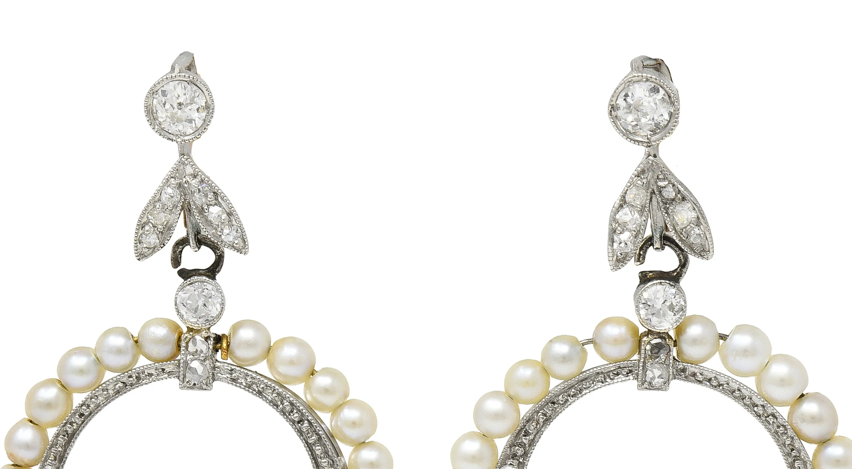 1910 Edwardian Antique Pearl 1.50 CTW Diamond Platinum 14 Karat Gold Leverback Drop Earrings