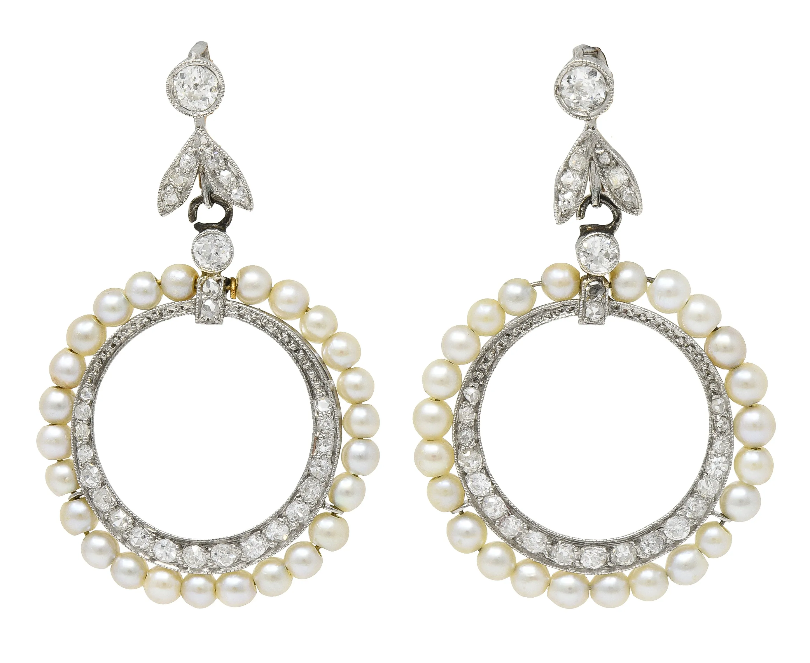 1910 Edwardian Antique Pearl 1.50 CTW Diamond Platinum 14 Karat Gold Leverback Drop Earrings