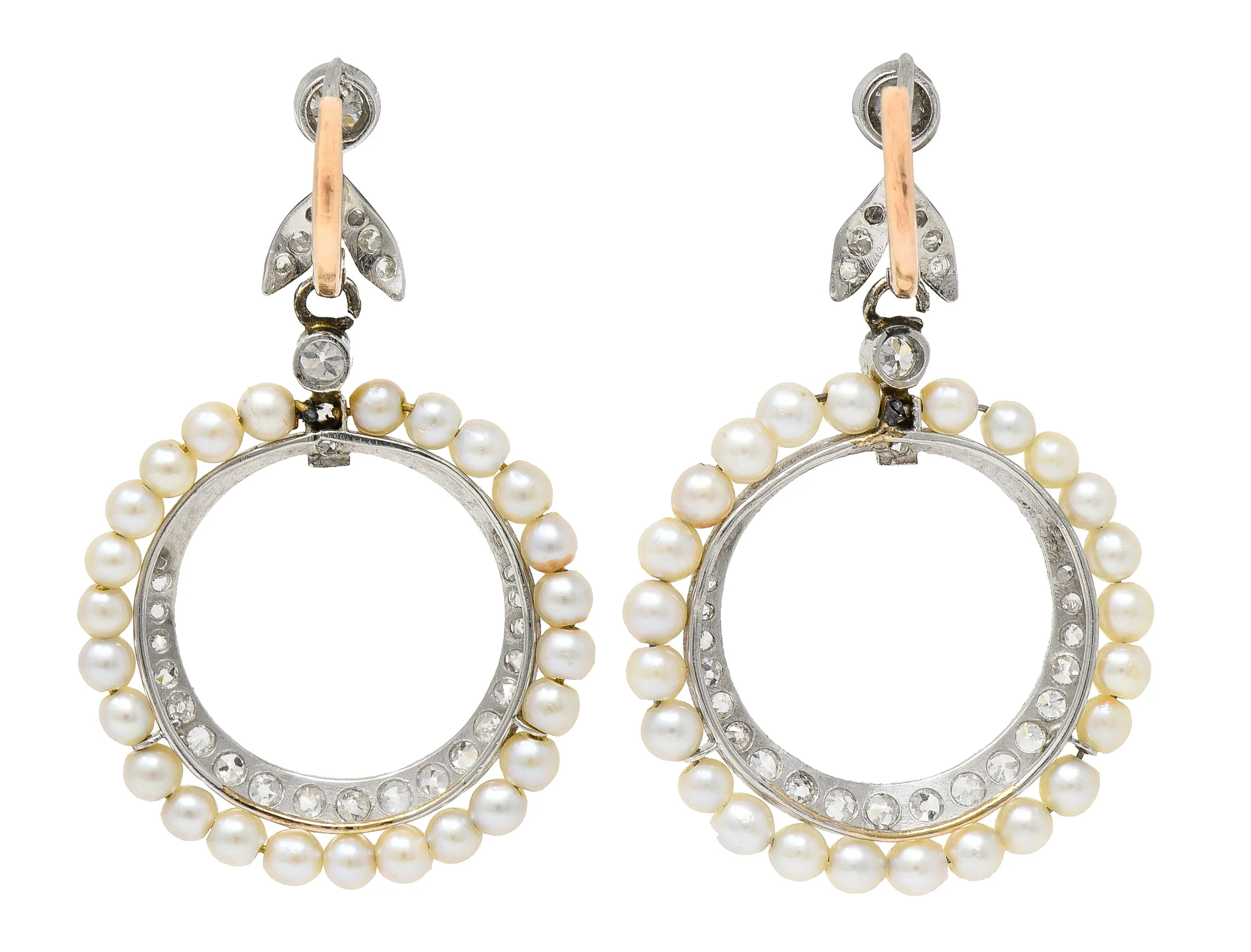 1910 Edwardian Antique Pearl 1.50 CTW Diamond Platinum 14 Karat Gold Leverback Drop Earrings