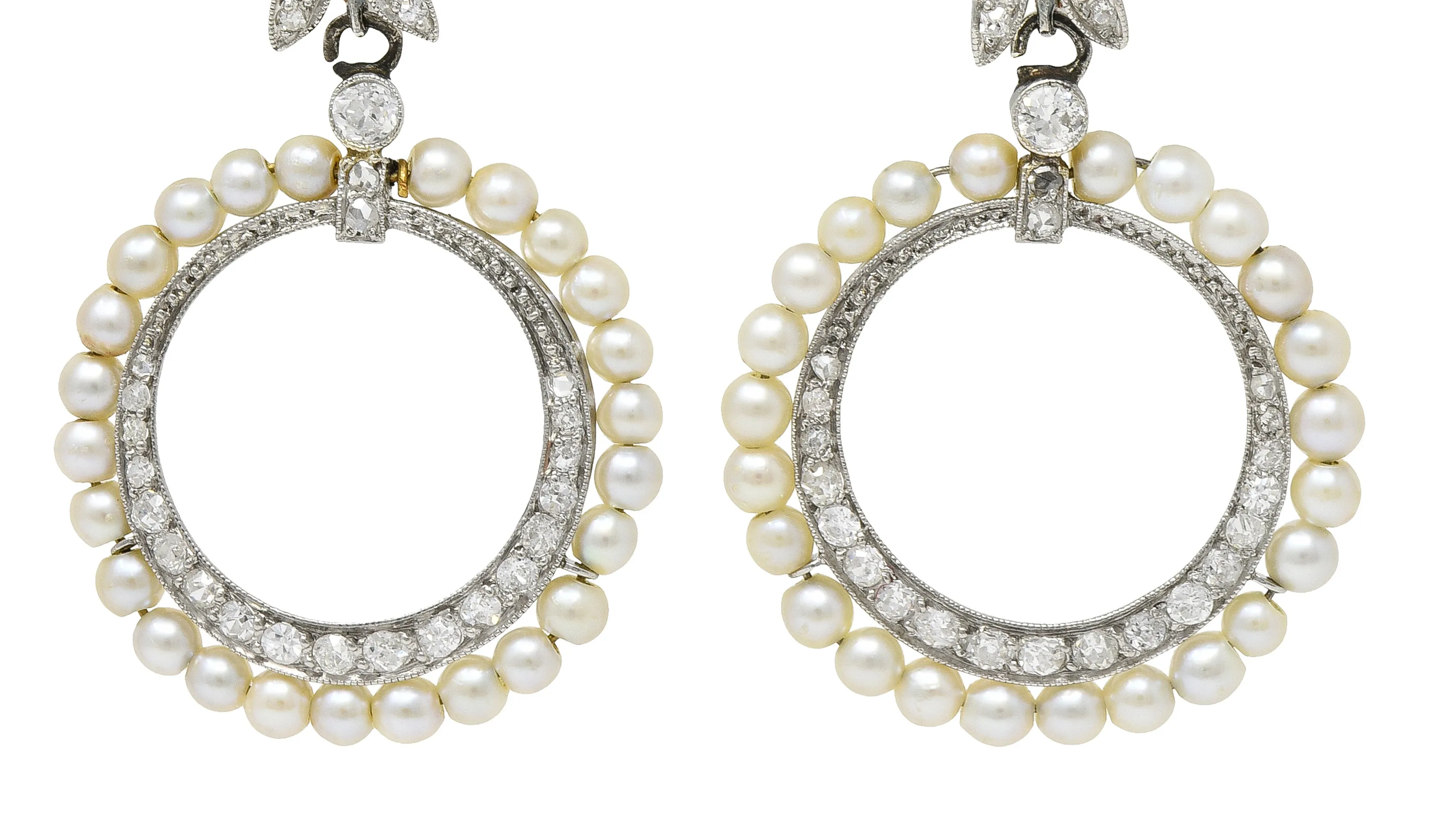 1910 Edwardian Antique Pearl 1.50 CTW Diamond Platinum 14 Karat Gold Leverback Drop Earrings