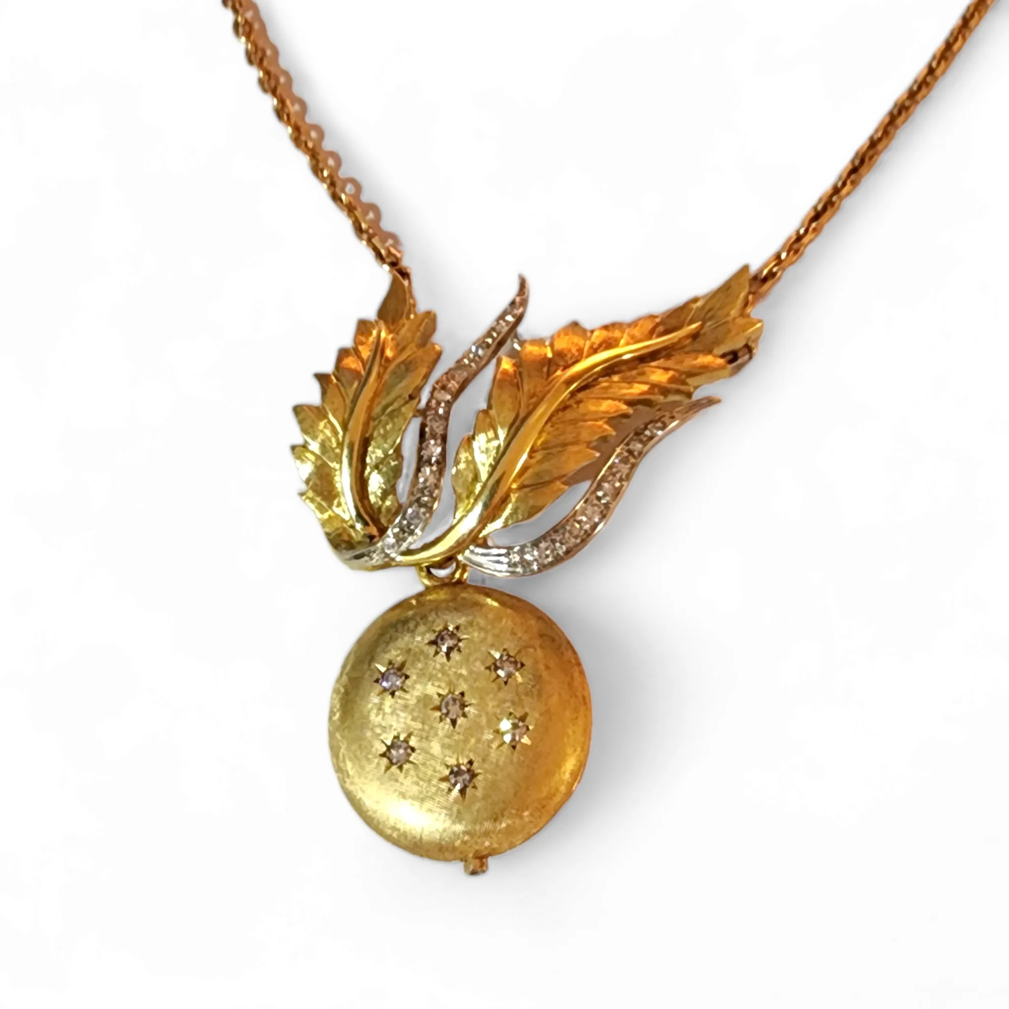 1970s 18KT Yellow Gold Diamond Lover's Eye Locket Brooch
