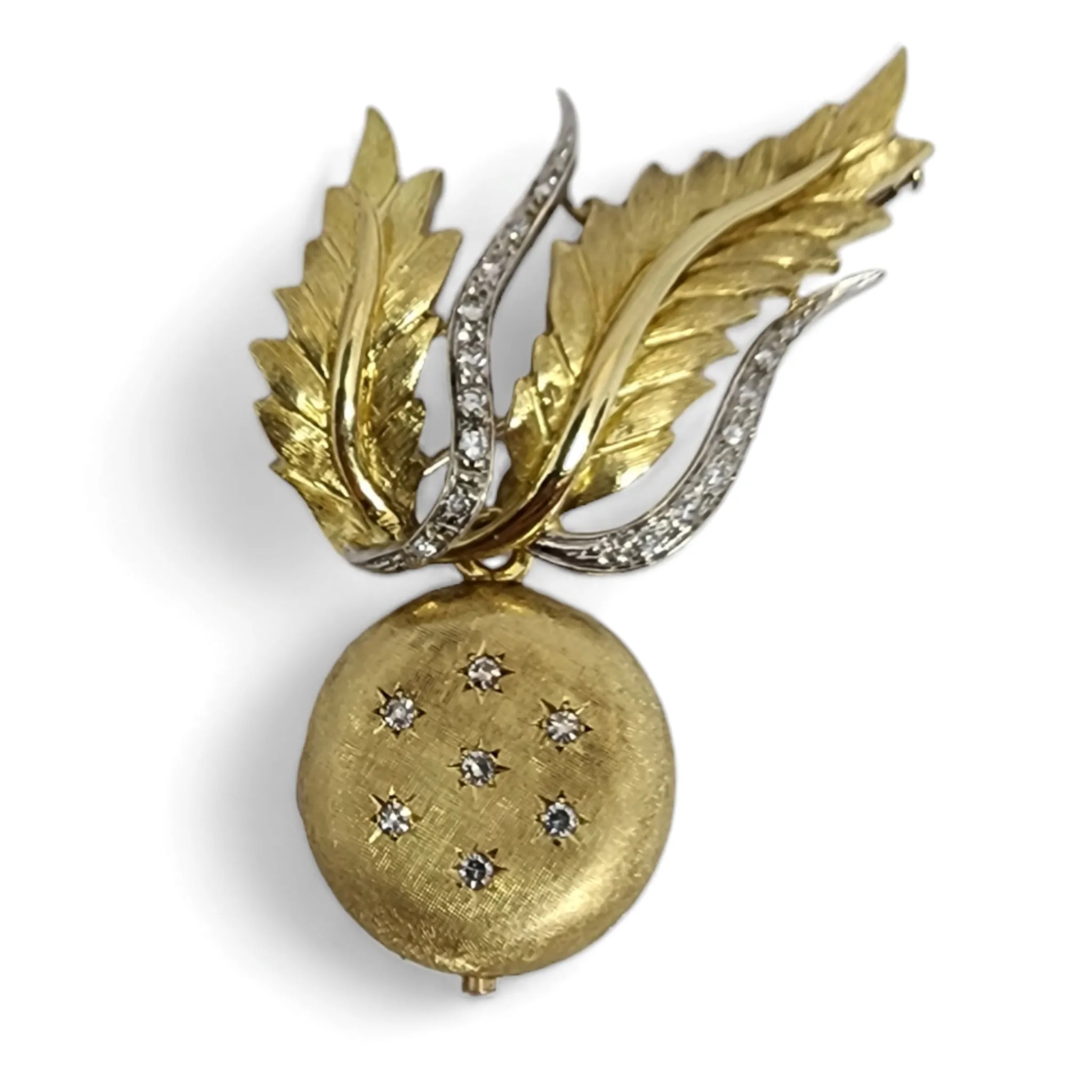 1970s 18KT Yellow Gold Diamond Lover's Eye Locket Brooch