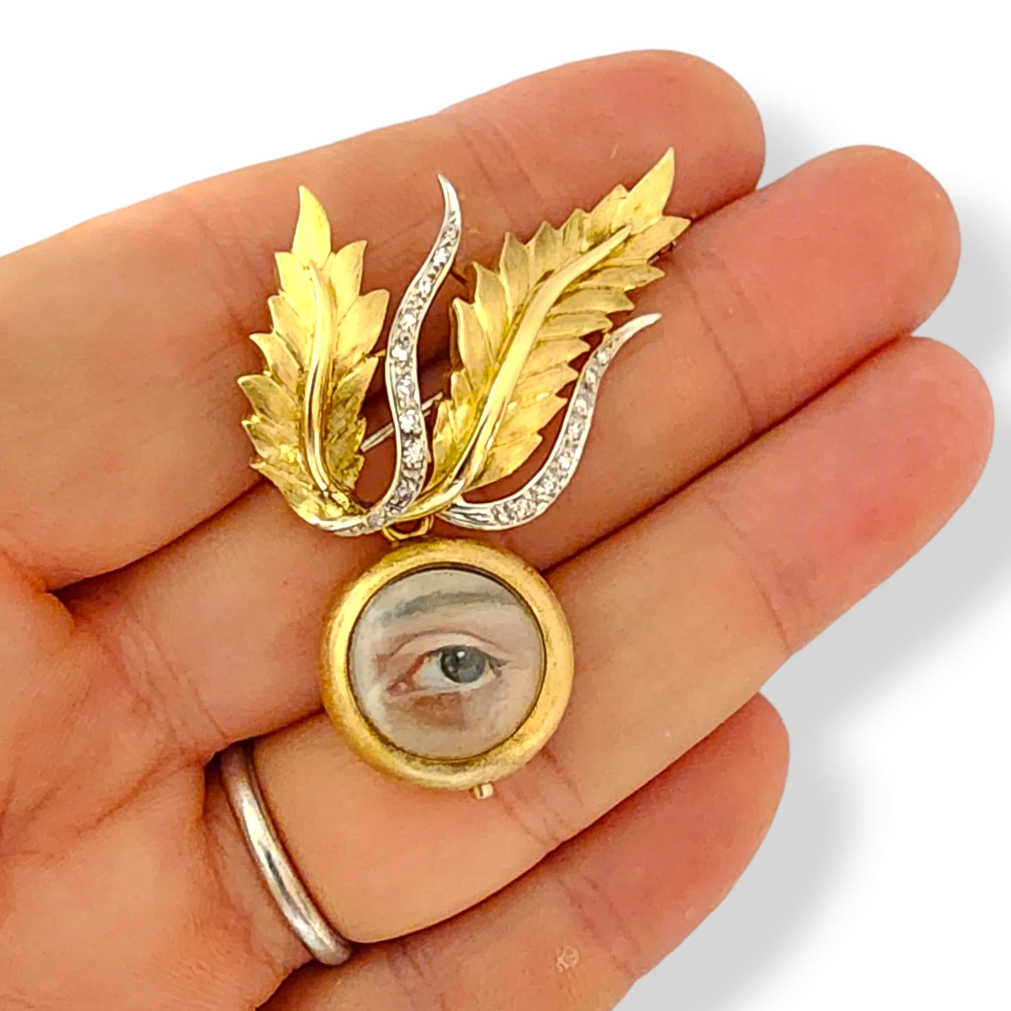 1970s 18KT Yellow Gold Diamond Lover's Eye Locket Brooch