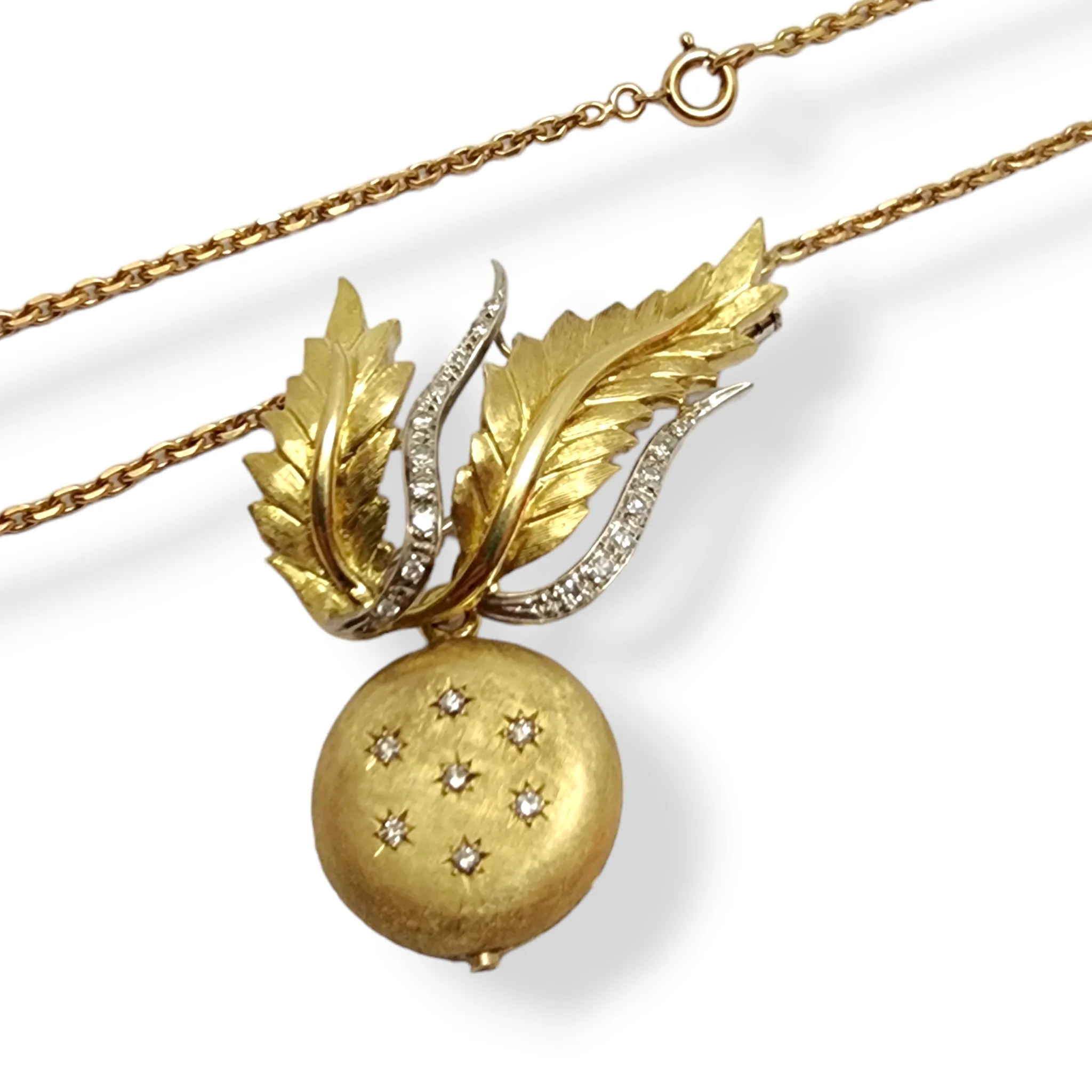 1970s 18KT Yellow Gold Diamond Lover's Eye Locket Brooch