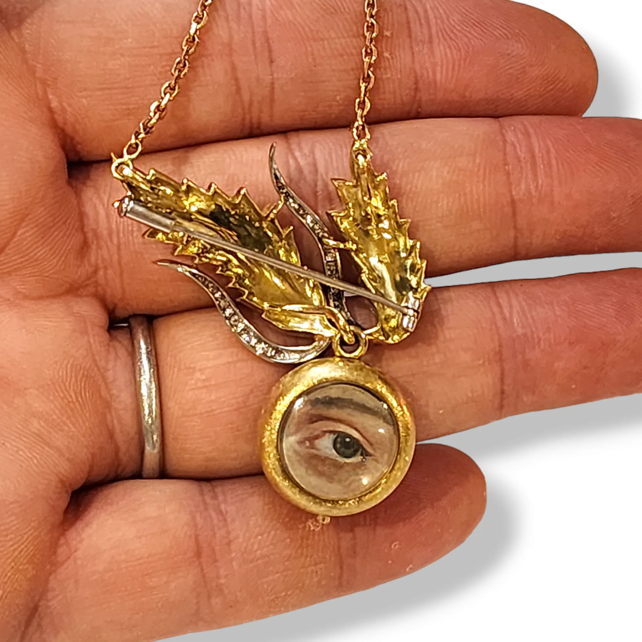 1970s 18KT Yellow Gold Diamond Lover's Eye Locket Brooch