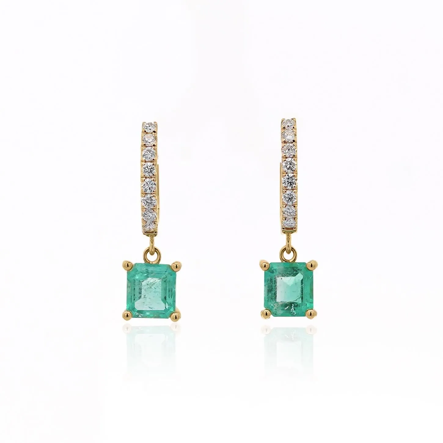 2.19 Carat Square Emerald & Diamond 18K Gold Dangling Huggie Earrings