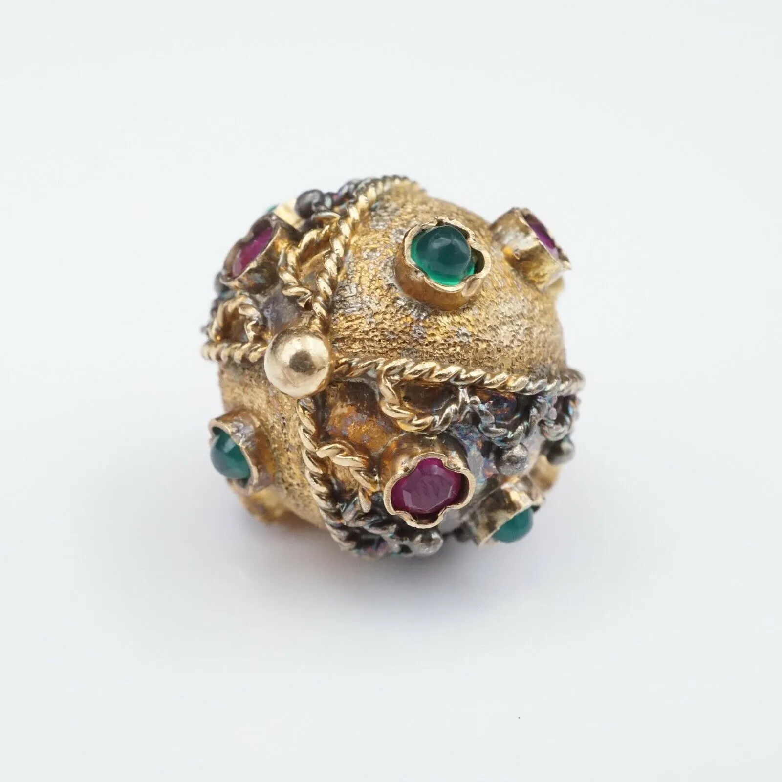 Antique 14k Gold 1.5 ct Ruby Emerald Ball Globe Pendant 1.1" Free Ship PG1515