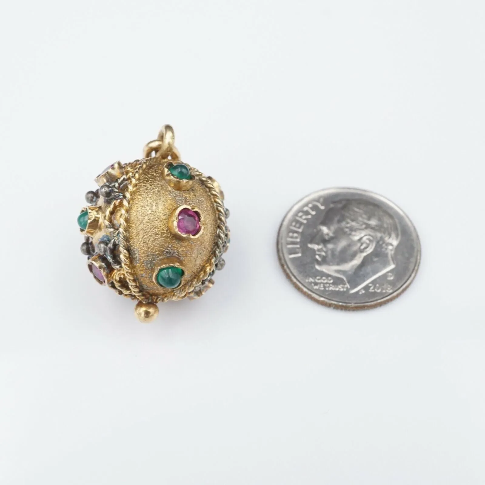 Antique 14k Gold 1.5 ct Ruby Emerald Ball Globe Pendant 1.1" Free Ship PG1515