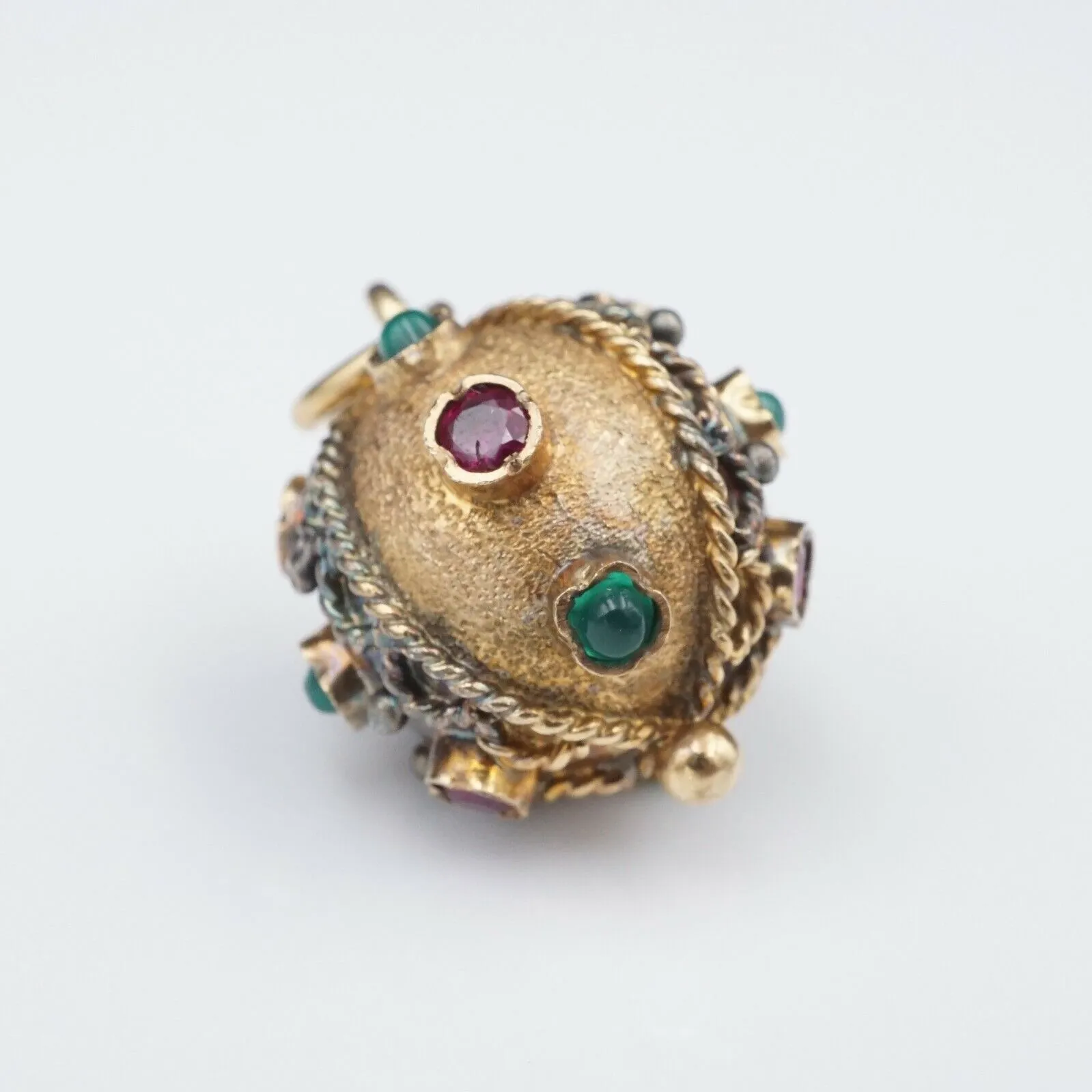 Antique 14k Gold 1.5 ct Ruby Emerald Ball Globe Pendant 1.1" Free Ship PG1515