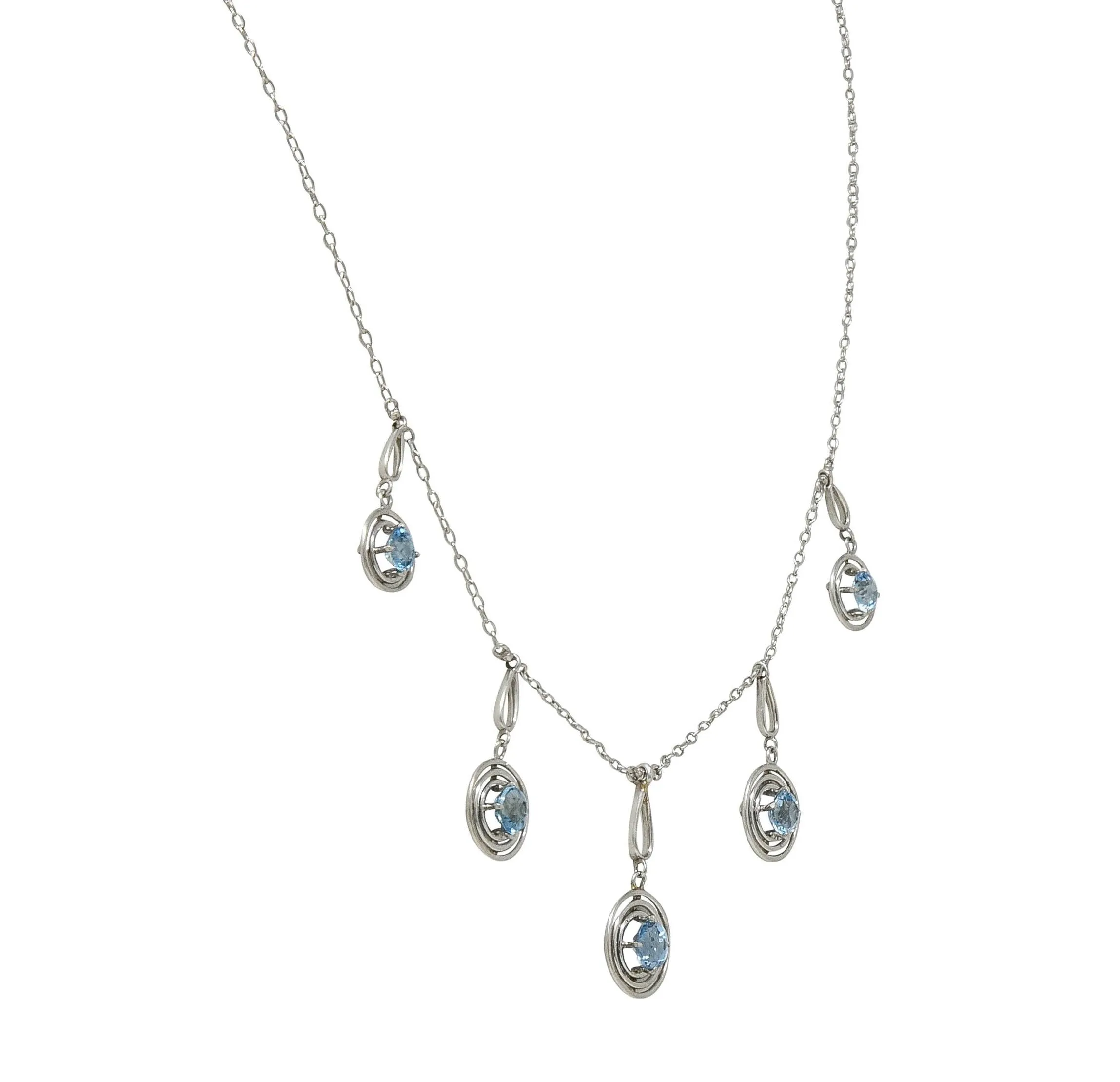 Art Deco Aquamarine Platinum Vintage Geometric Fringe Station Necklace