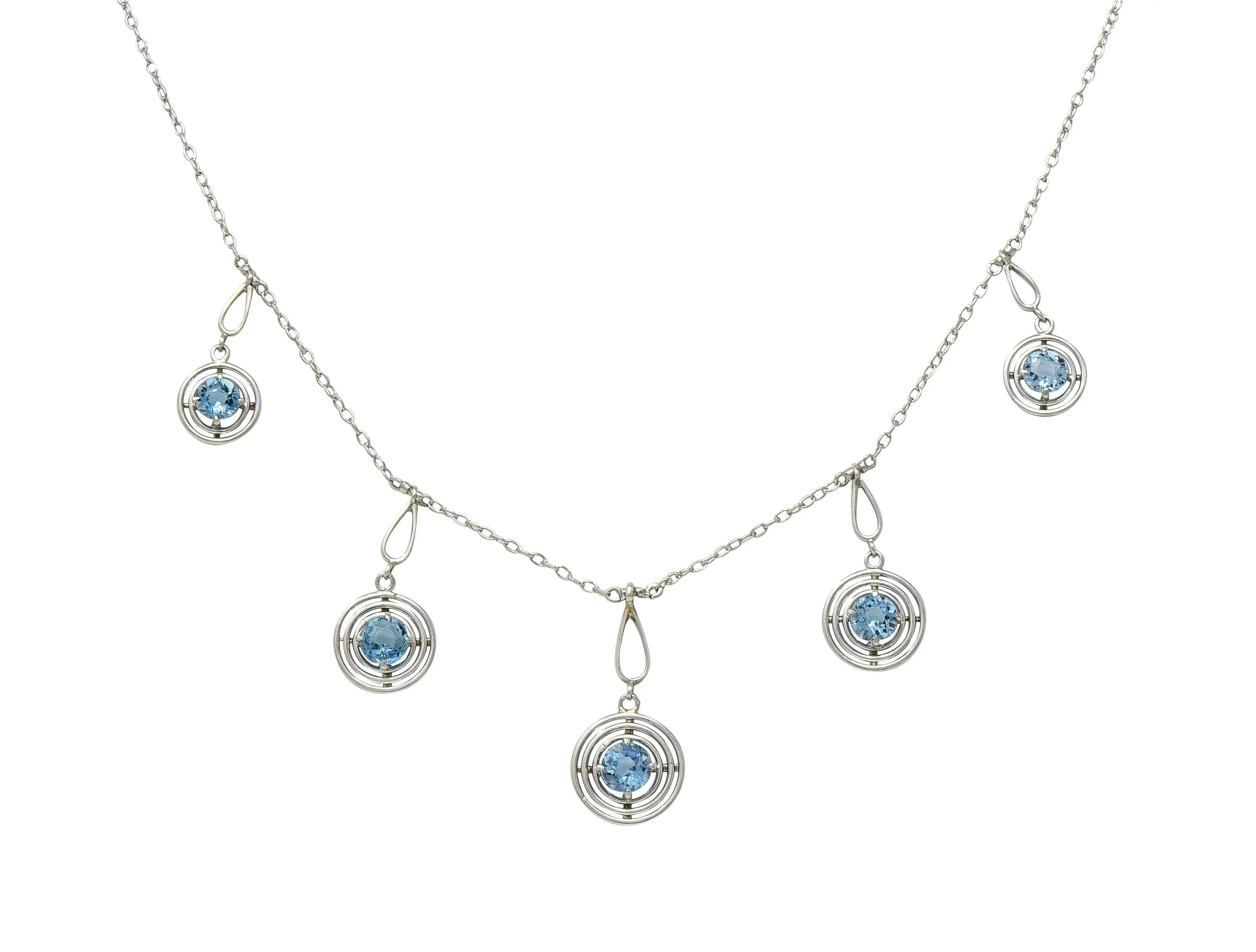 Art Deco Aquamarine Platinum Vintage Geometric Fringe Station Necklace