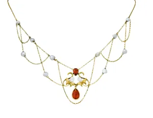 Art Nouveau Citrine Baroque Pearl 14 Karat Gold Swag Necklace