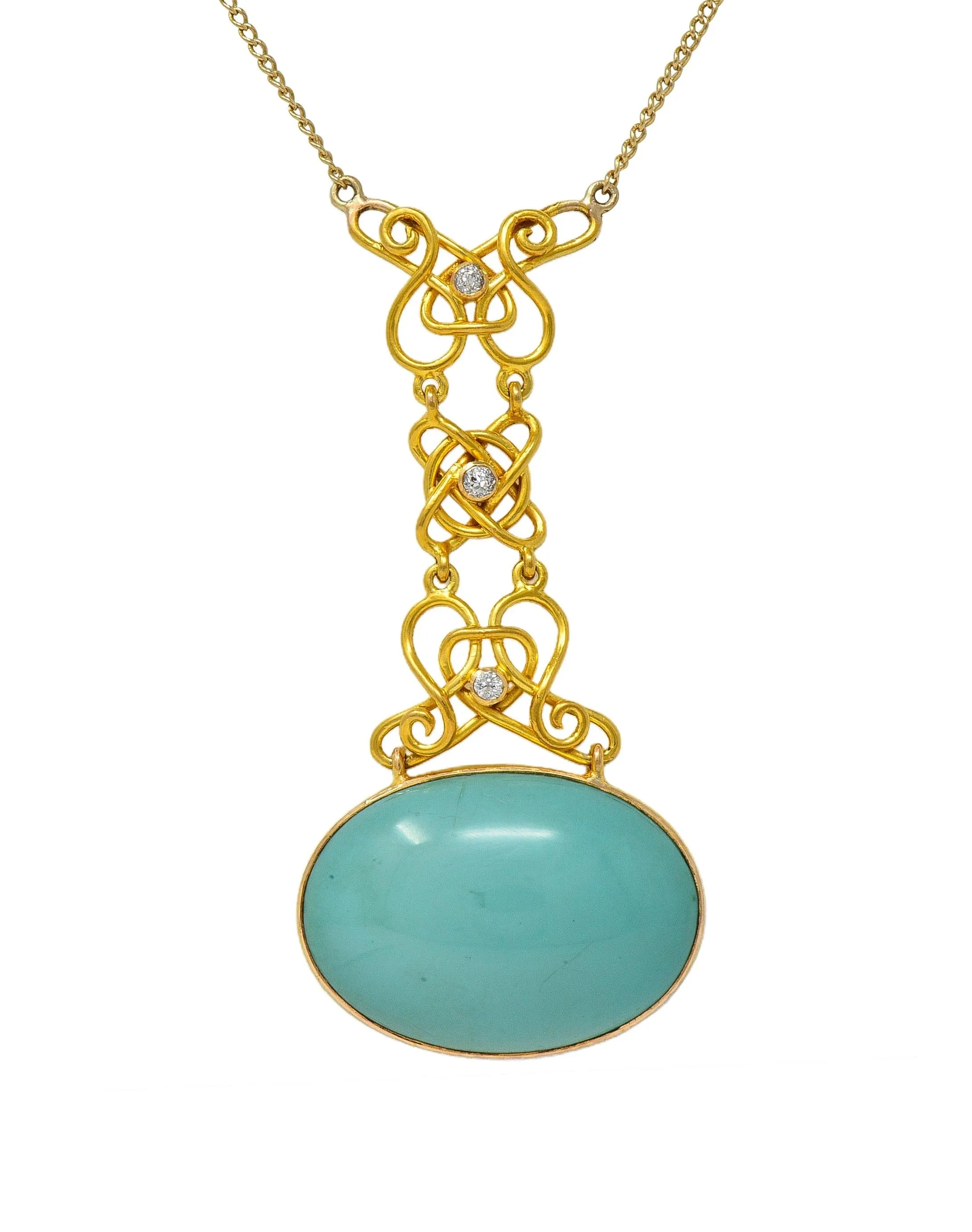 Art Nouveau Diamond Turquoise 14 Karat Yellow Gold Antique Station Chain Necklace