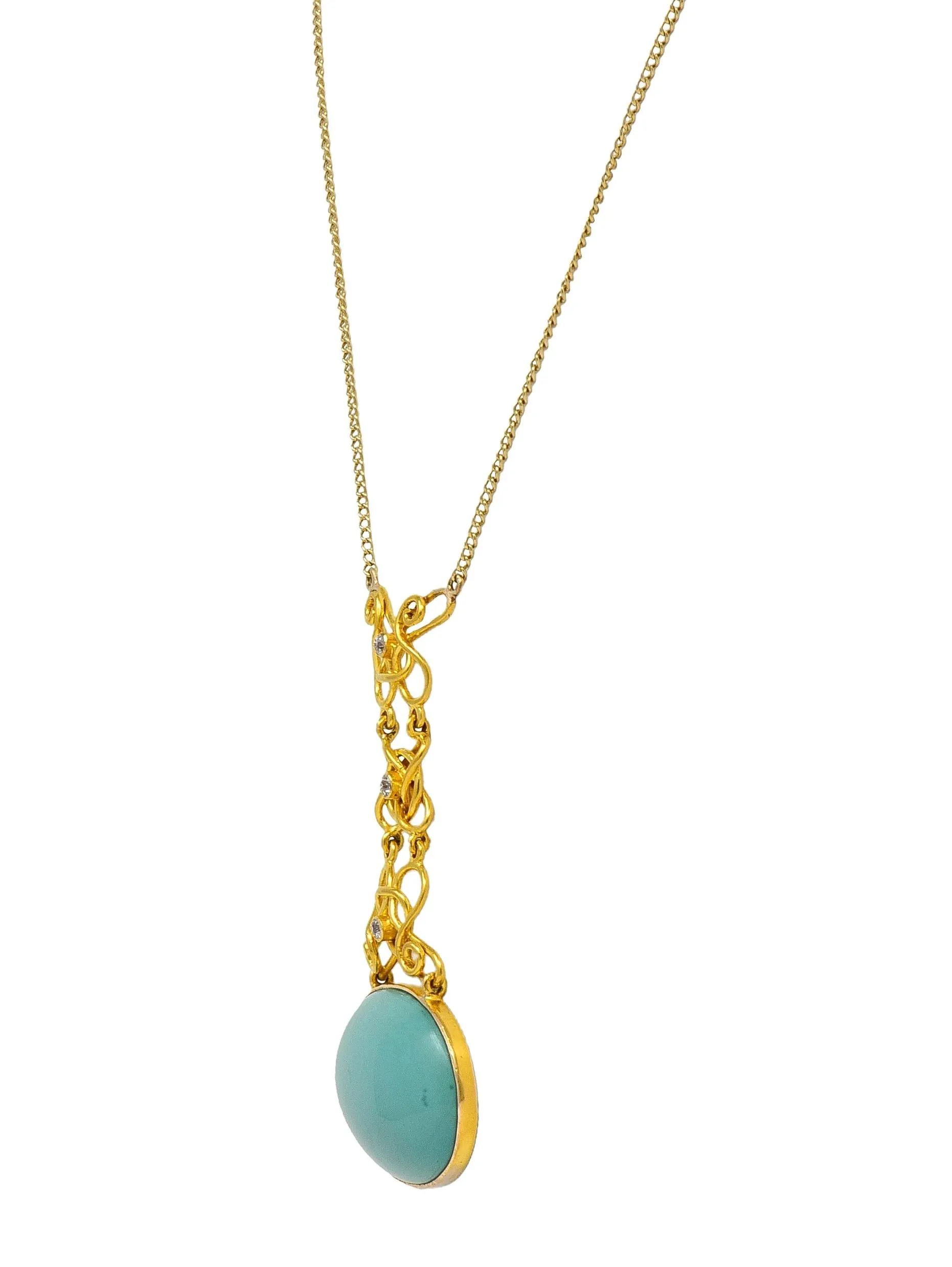 Art Nouveau Diamond Turquoise 14 Karat Yellow Gold Antique Station Chain Necklace