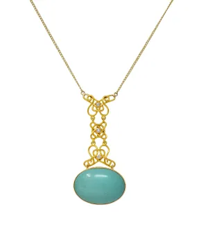 Art Nouveau Diamond Turquoise 14 Karat Yellow Gold Antique Station Chain Necklace