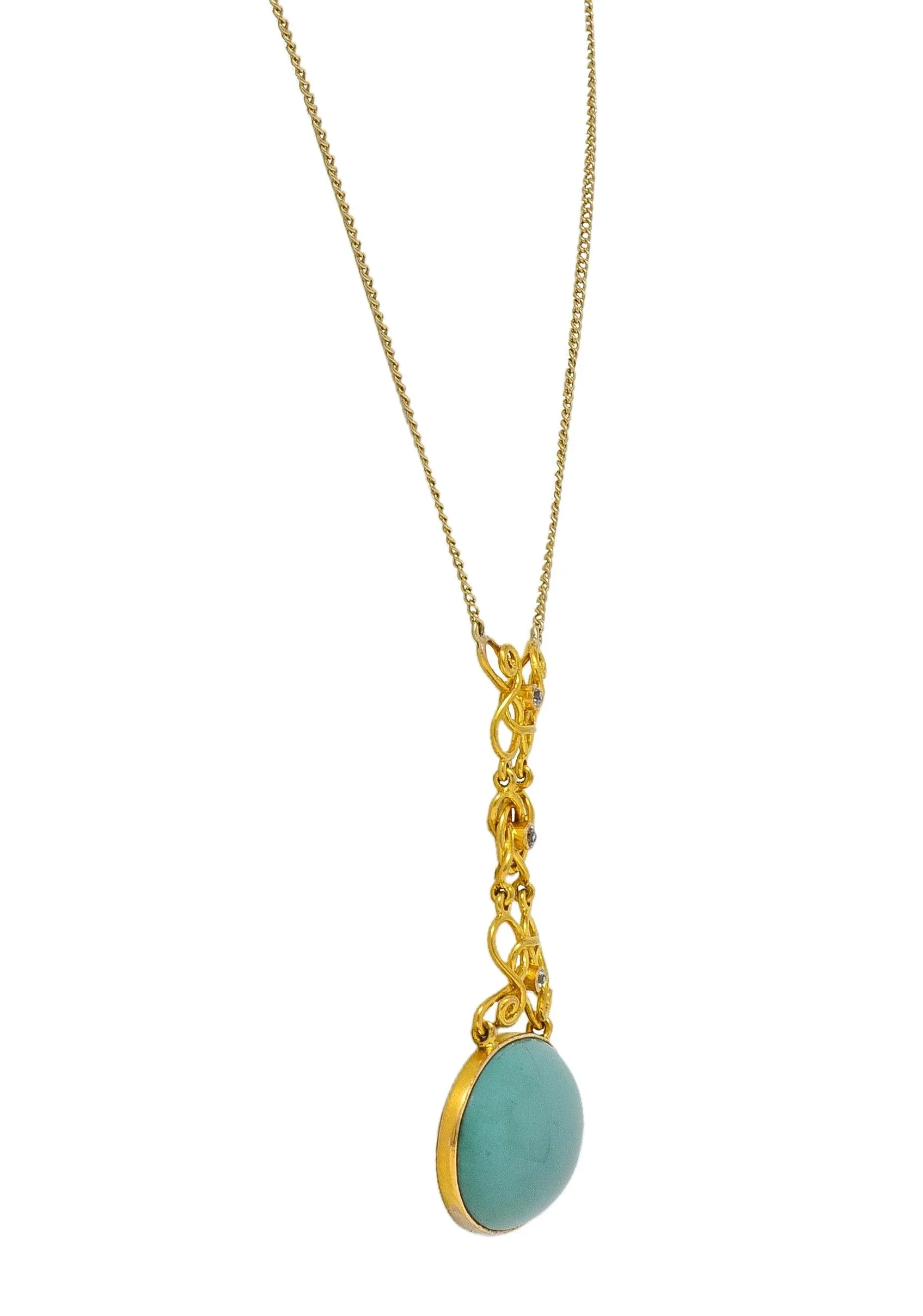 Art Nouveau Diamond Turquoise 14 Karat Yellow Gold Antique Station Chain Necklace