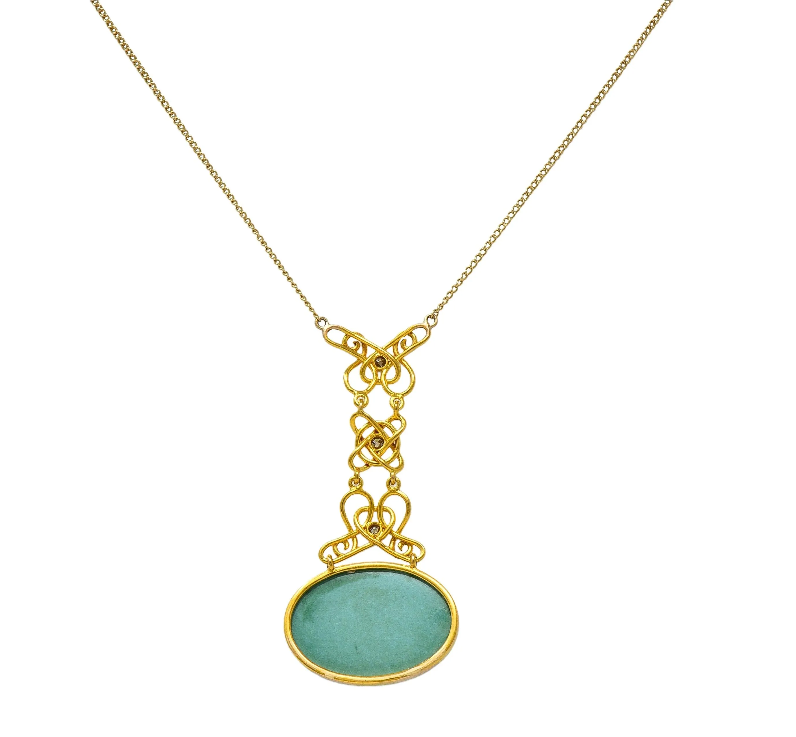 Art Nouveau Diamond Turquoise 14 Karat Yellow Gold Antique Station Chain Necklace