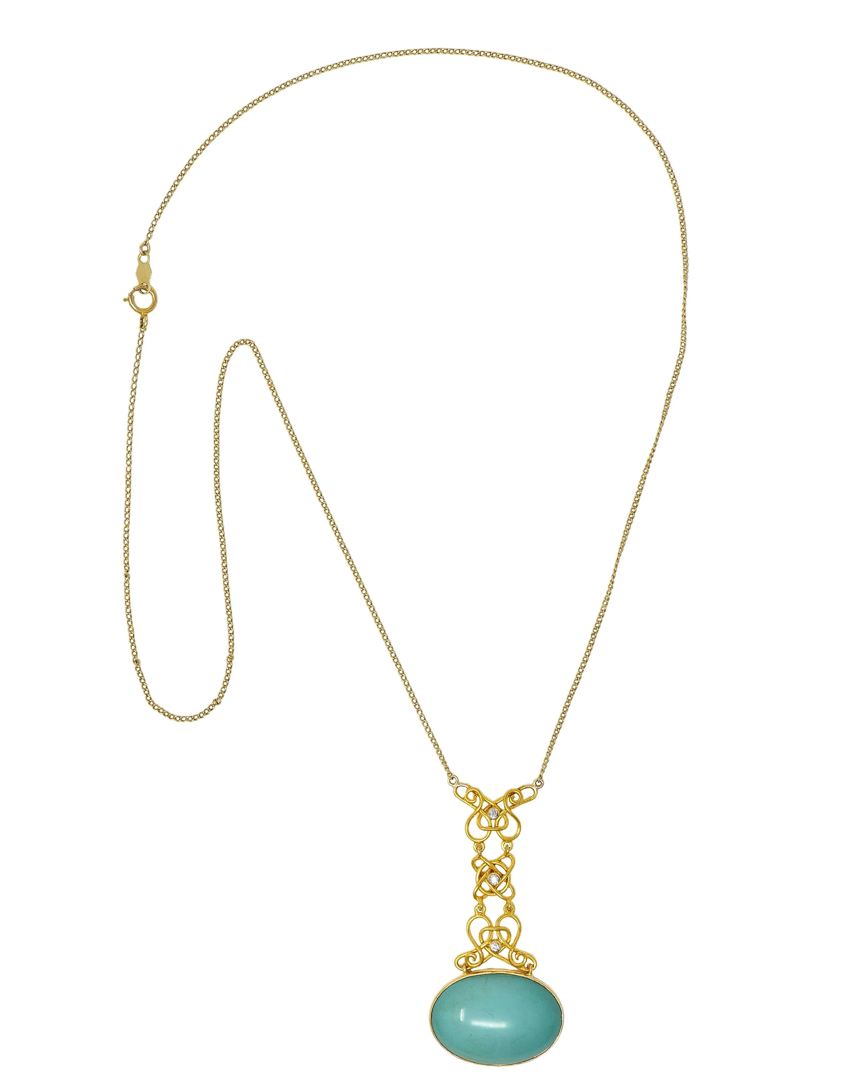 Art Nouveau Diamond Turquoise 14 Karat Yellow Gold Antique Station Chain Necklace