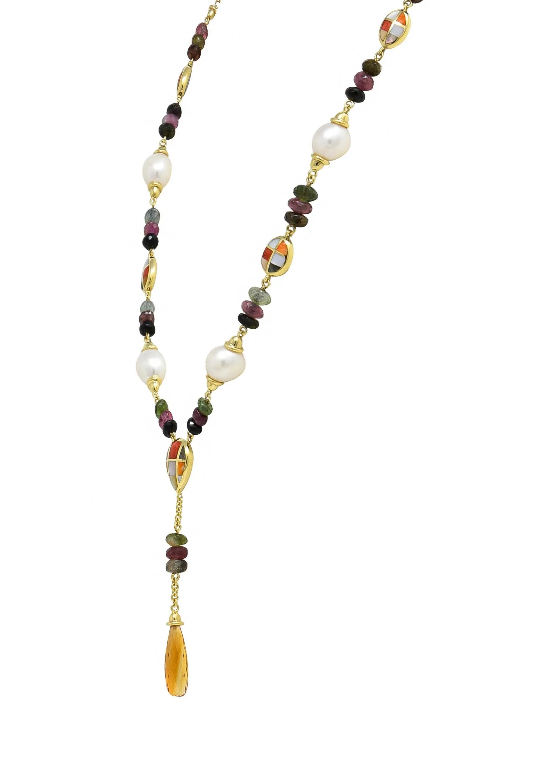 Asch Grossbardt 2000's Pearl Citrine Multi-Gem Inlay 14 Karat Gold Lariat Drop Necklace
