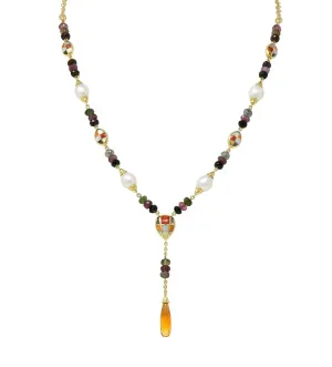 Asch Grossbardt 2000's Pearl Citrine Multi-Gem Inlay 14 Karat Gold Lariat Drop Necklace