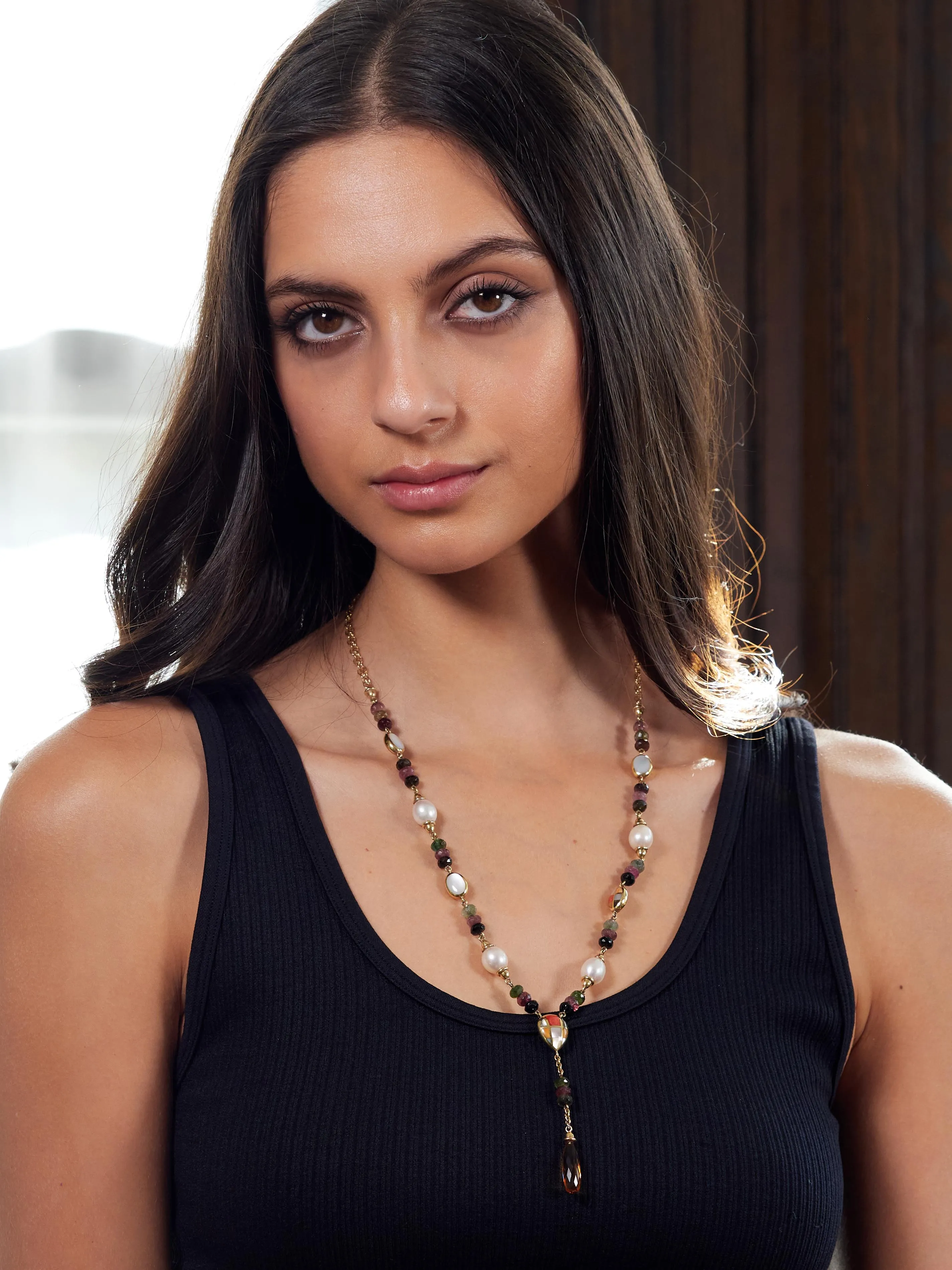 Asch Grossbardt 2000's Pearl Citrine Multi-Gem Inlay 14 Karat Gold Lariat Drop Necklace