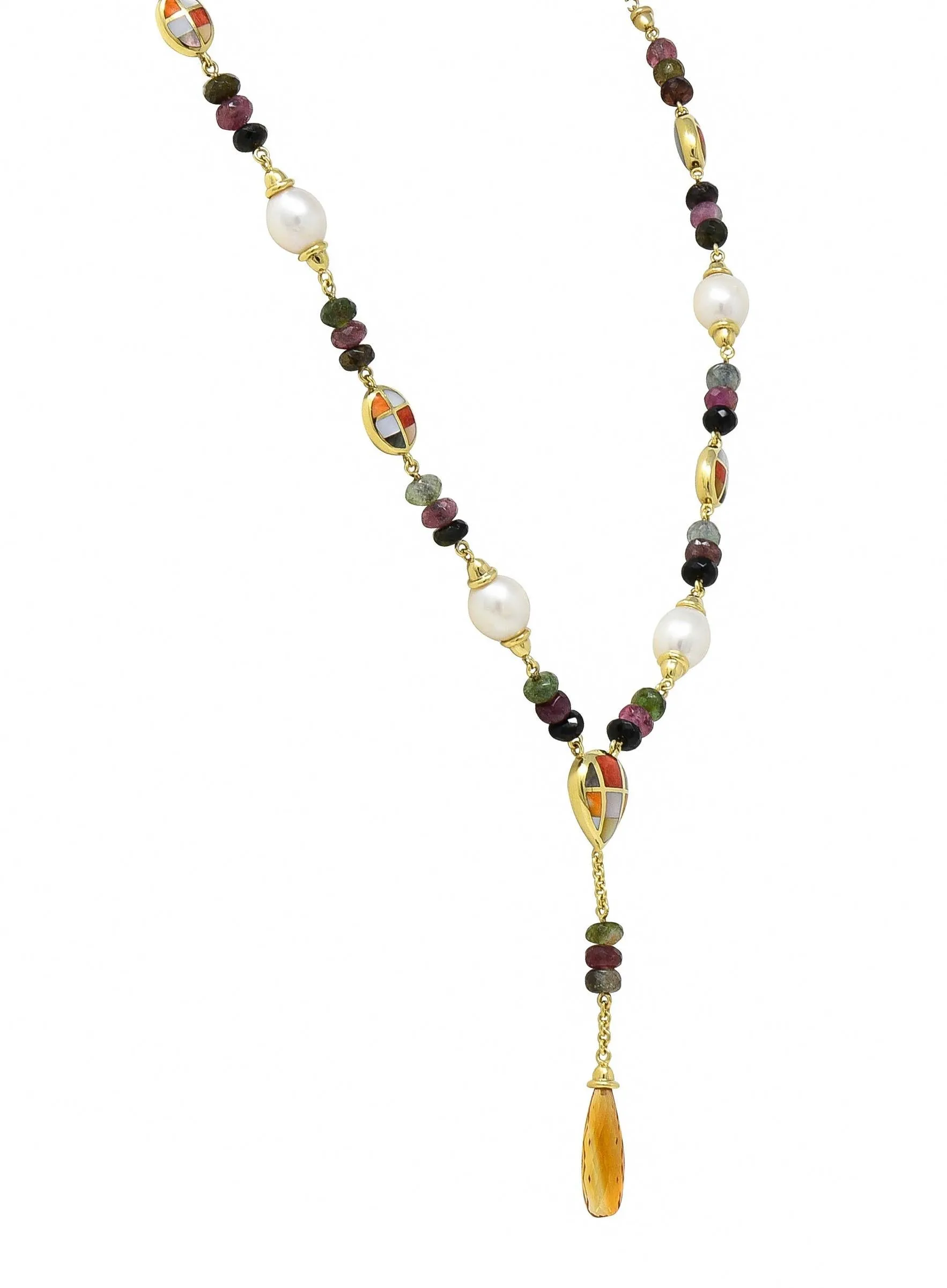 Asch Grossbardt 2000's Pearl Citrine Multi-Gem Inlay 14 Karat Gold Lariat Drop Necklace