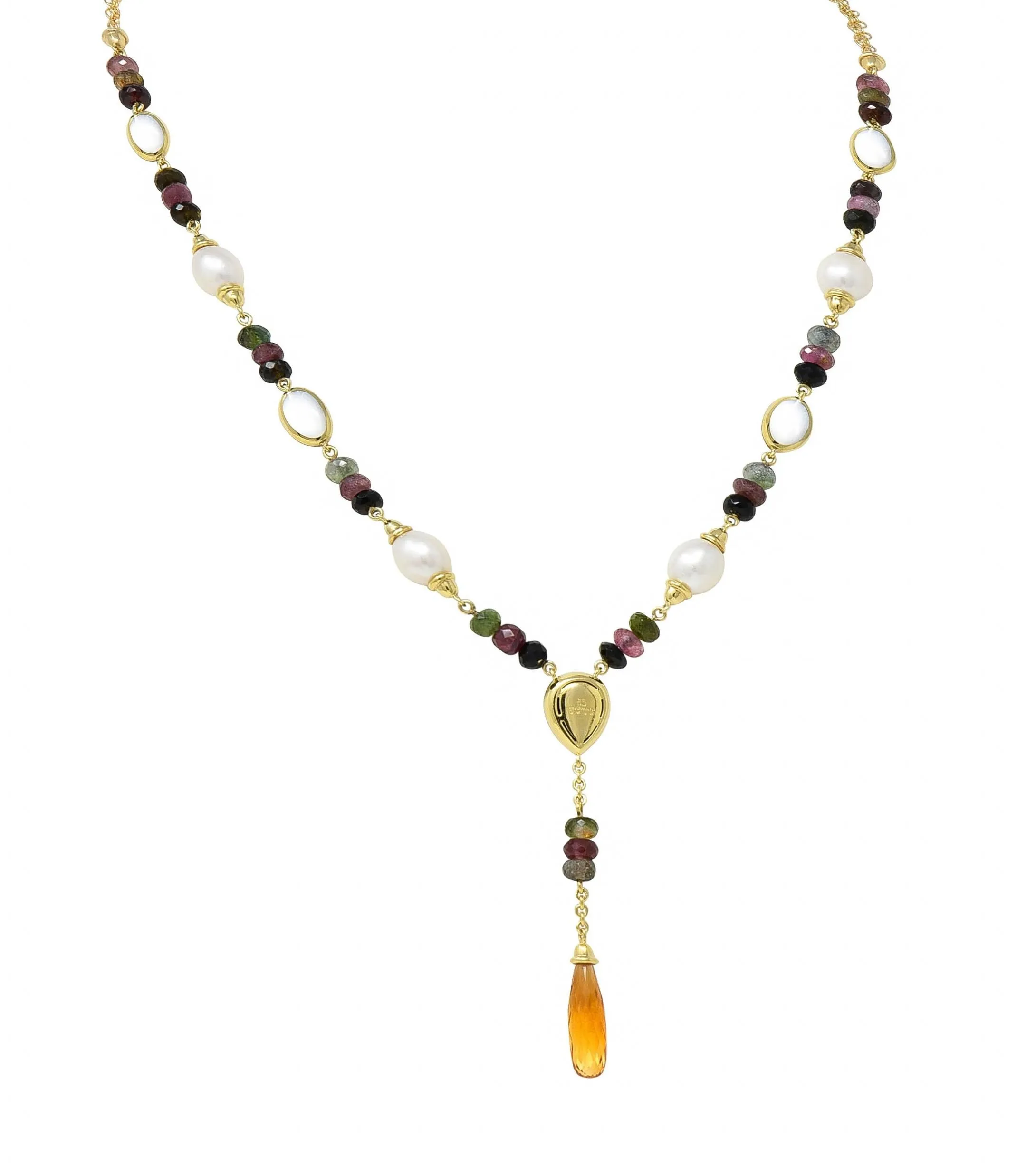 Asch Grossbardt 2000's Pearl Citrine Multi-Gem Inlay 14 Karat Gold Lariat Drop Necklace