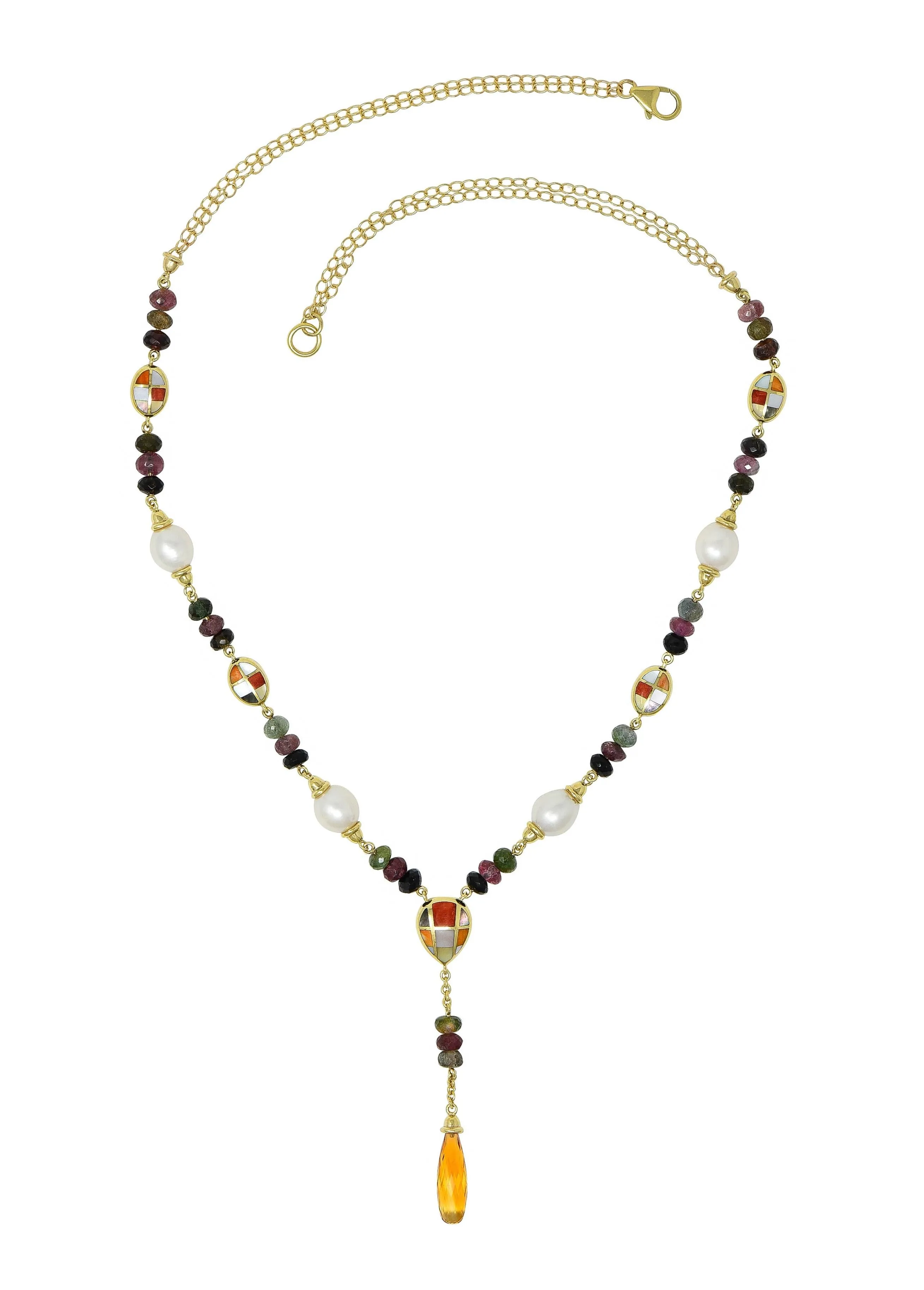Asch Grossbardt 2000's Pearl Citrine Multi-Gem Inlay 14 Karat Gold Lariat Drop Necklace