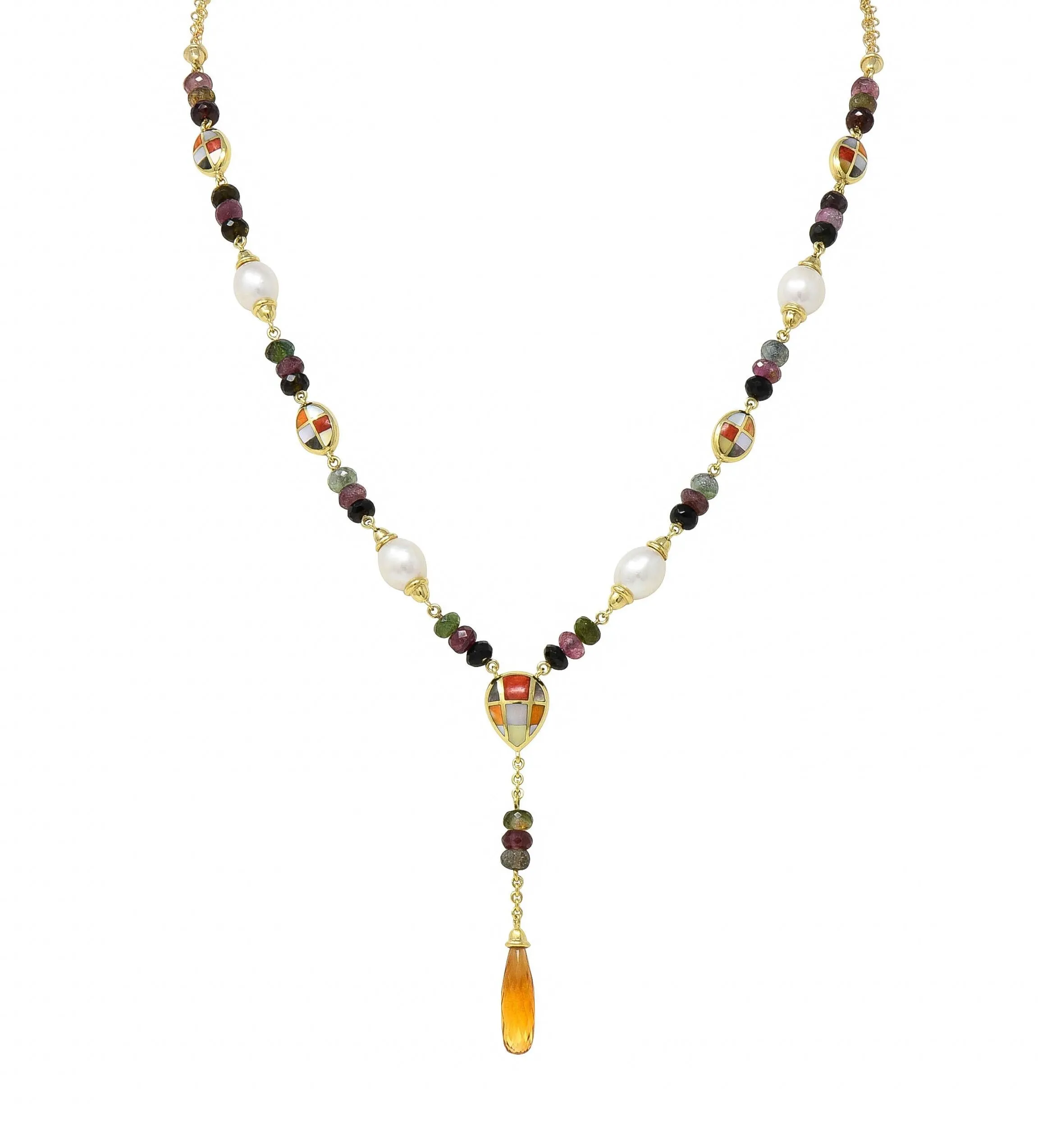 Asch Grossbardt 2000's Pearl Citrine Multi-Gem Inlay 14 Karat Gold Lariat Drop Necklace