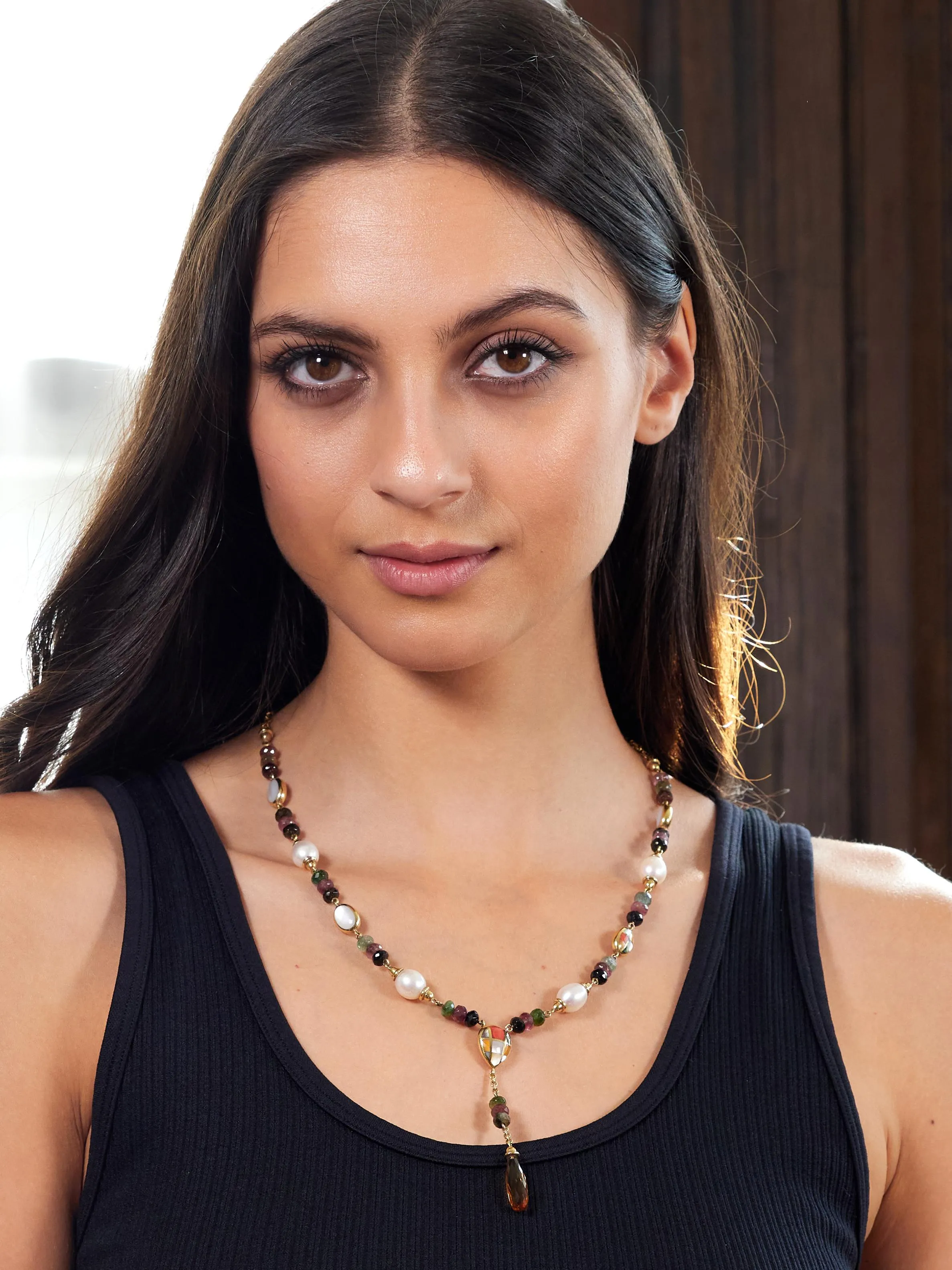 Asch Grossbardt 2000's Pearl Citrine Multi-Gem Inlay 14 Karat Gold Lariat Drop Necklace