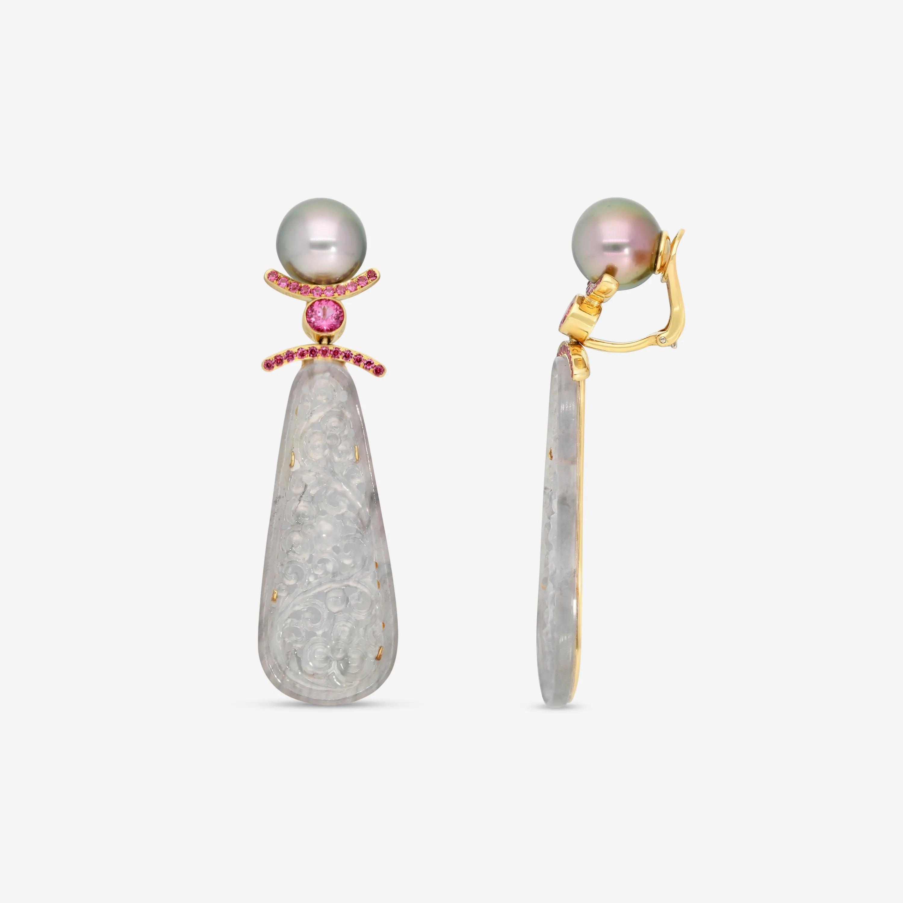Assael 18K Yellow Gold Grey Jadeite, Rhodolite & Tahitian Natural Cultured Pearl Earrings ECO-TJD0002