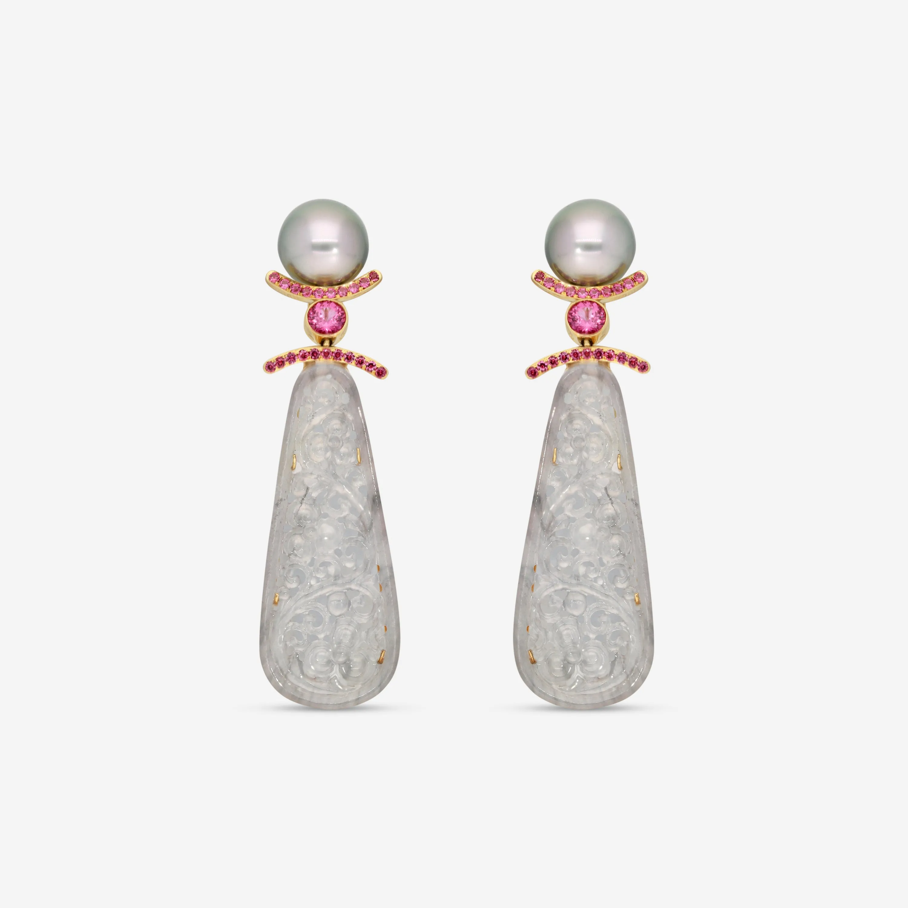 Assael 18K Yellow Gold Grey Jadeite, Rhodolite & Tahitian Natural Cultured Pearl Earrings ECO-TJD0002