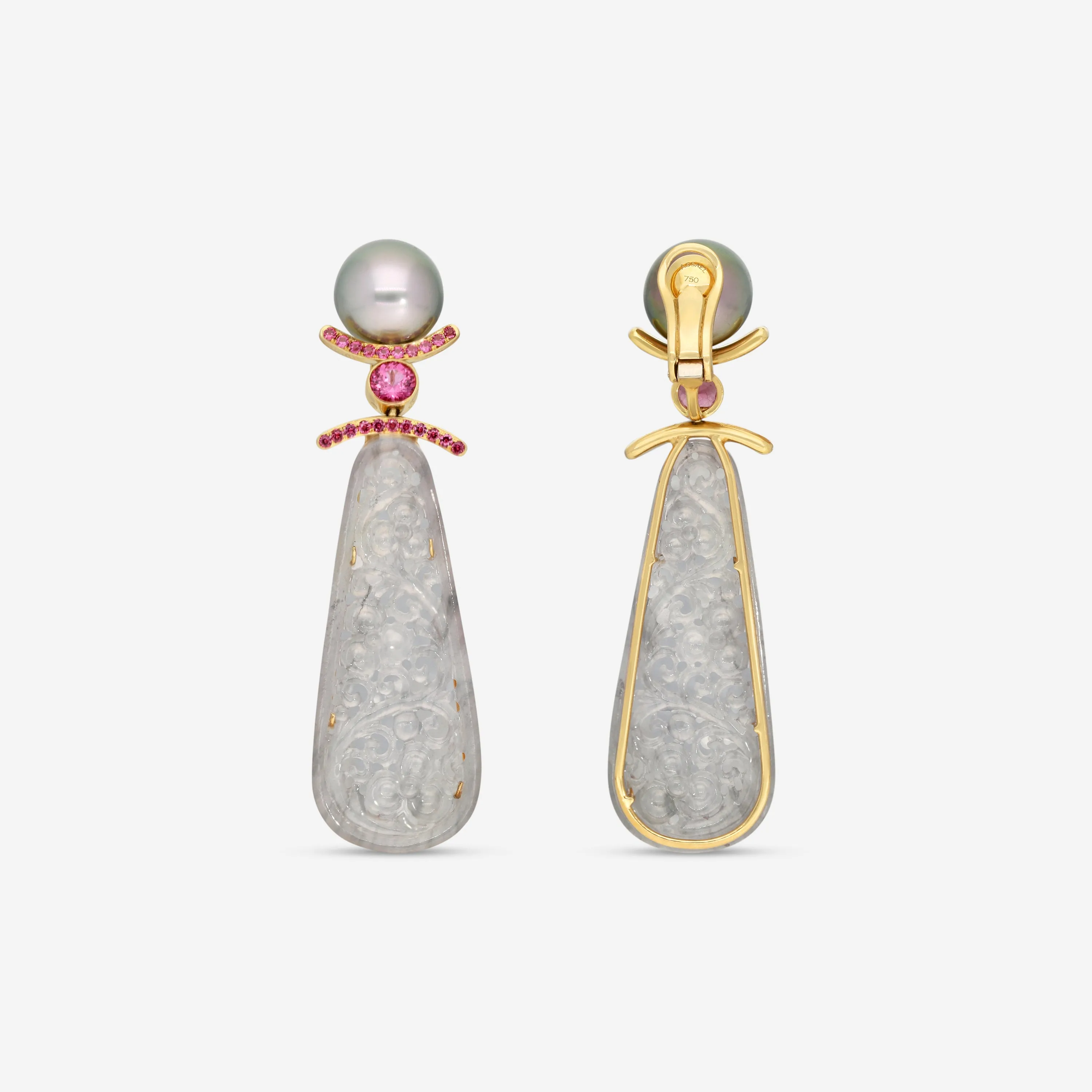 Assael 18K Yellow Gold Grey Jadeite, Rhodolite & Tahitian Natural Cultured Pearl Earrings ECO-TJD0002