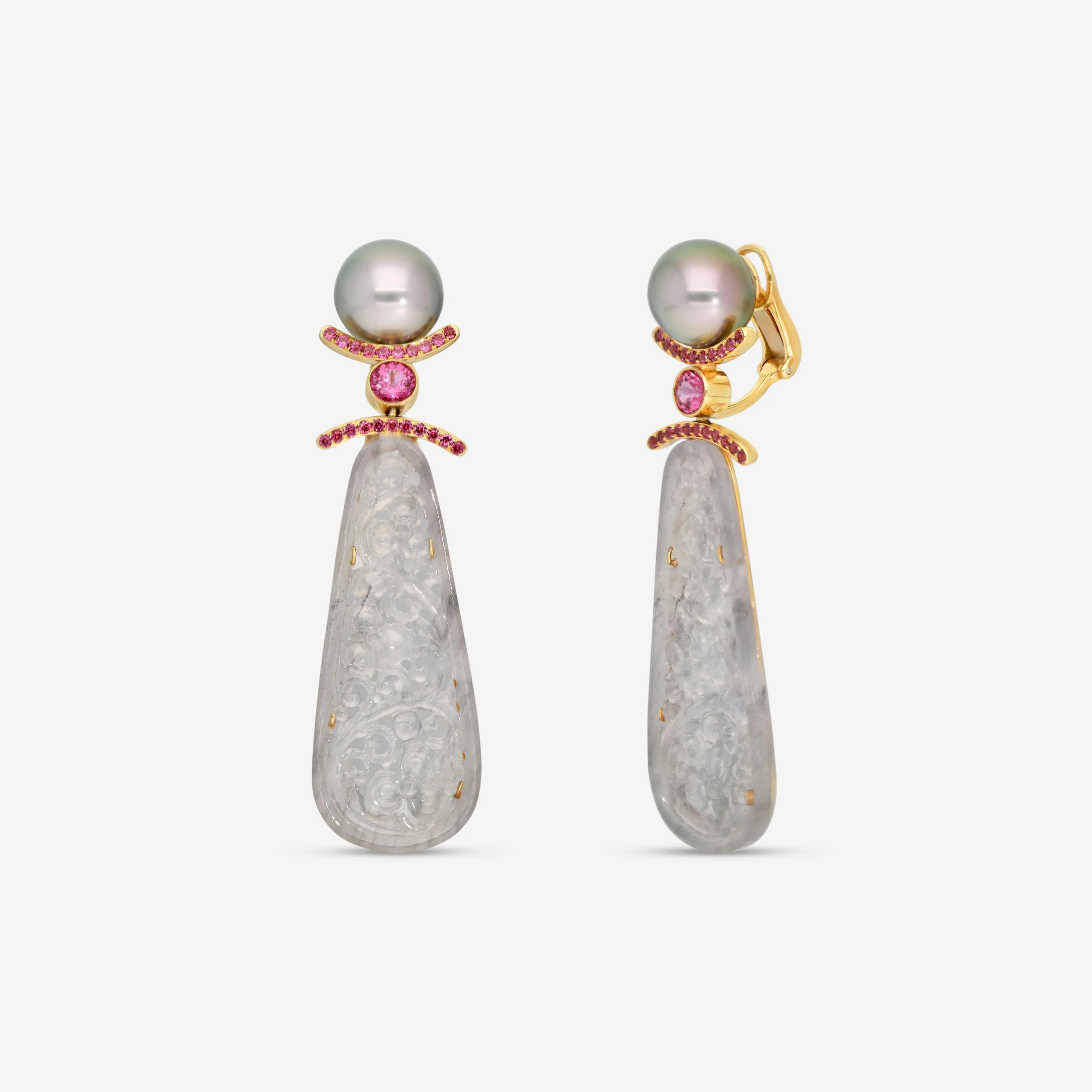 Assael 18K Yellow Gold Grey Jadeite, Rhodolite & Tahitian Natural Cultured Pearl Earrings ECO-TJD0002