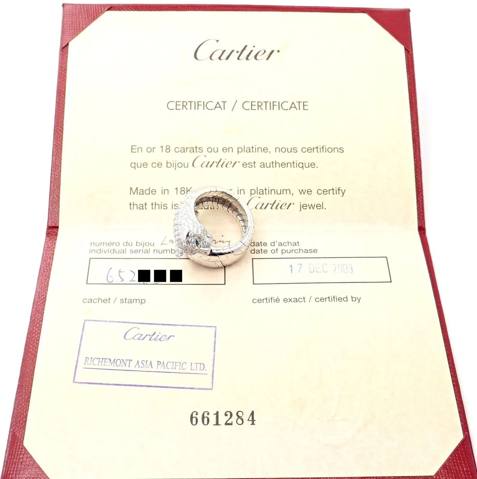 Authentic! Cartier Panther 18k White Gold Diamond Emerald Onyx Band Ring Cert.
