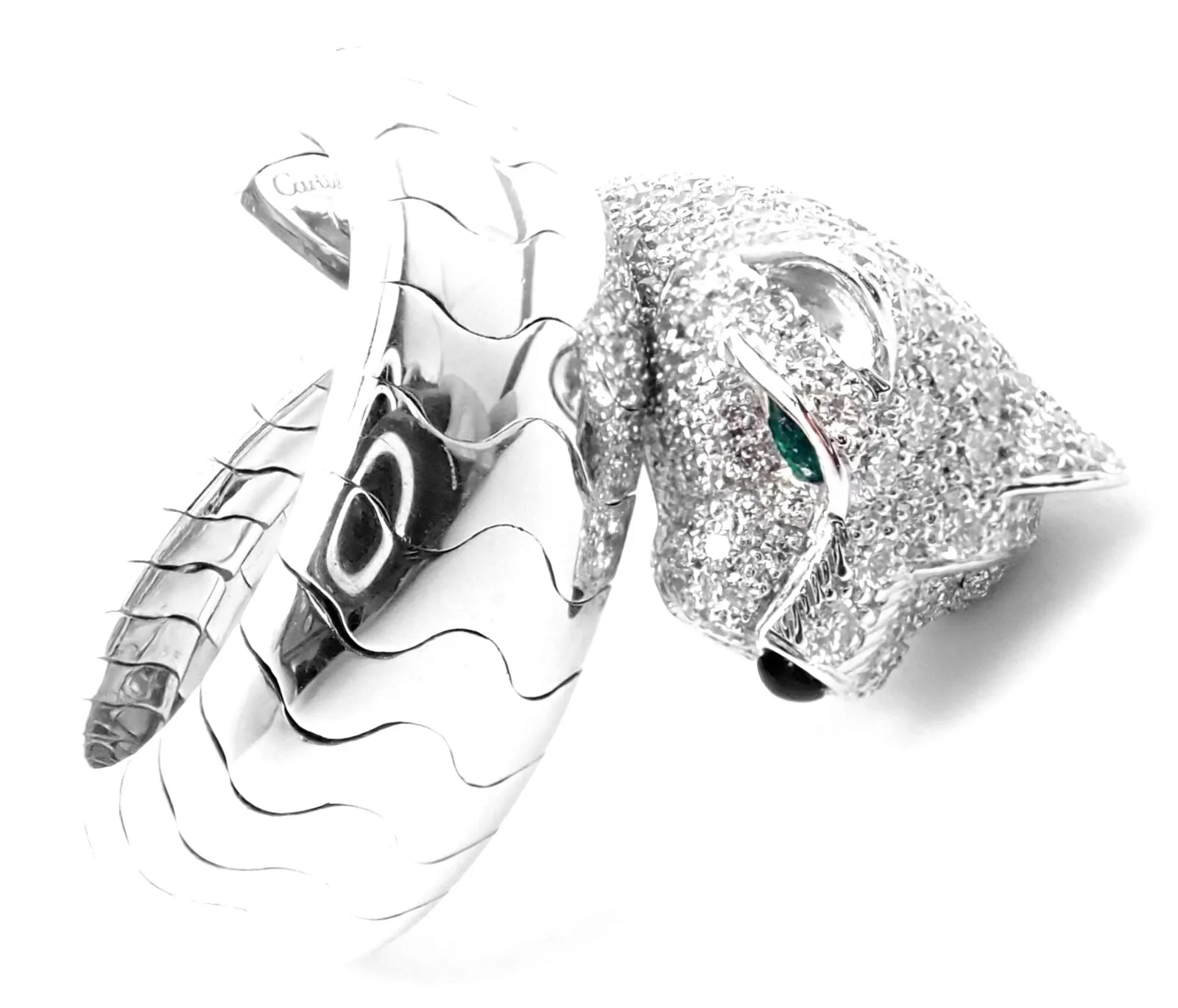 Authentic! Cartier Panther 18k White Gold Diamond Emerald Onyx Band Ring Cert.