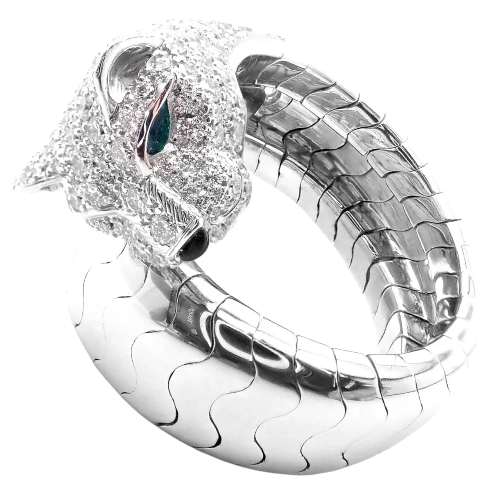 Authentic! Cartier Panther 18k White Gold Diamond Emerald Onyx Band Ring Cert.