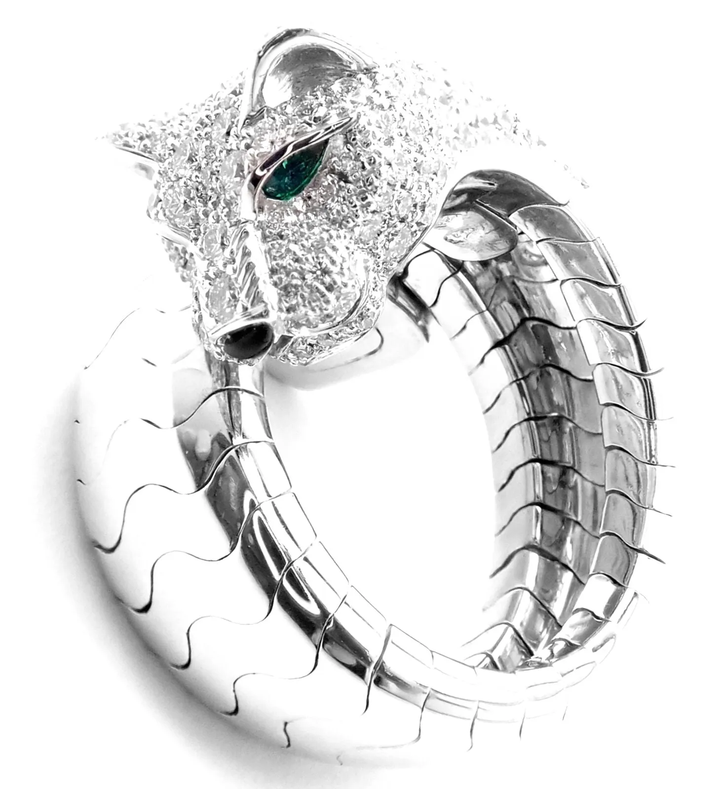 Authentic! Cartier Panther 18k White Gold Diamond Emerald Onyx Band Ring Cert.