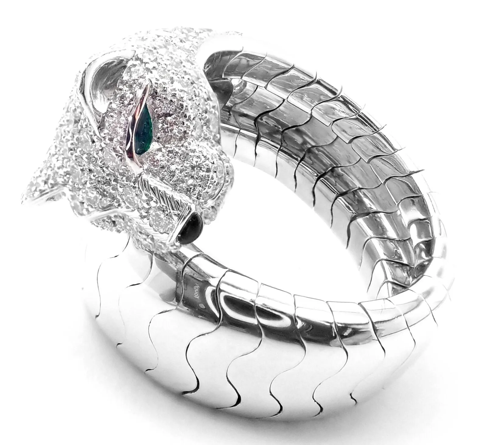 Authentic! Cartier Panther 18k White Gold Diamond Emerald Onyx Band Ring Cert.