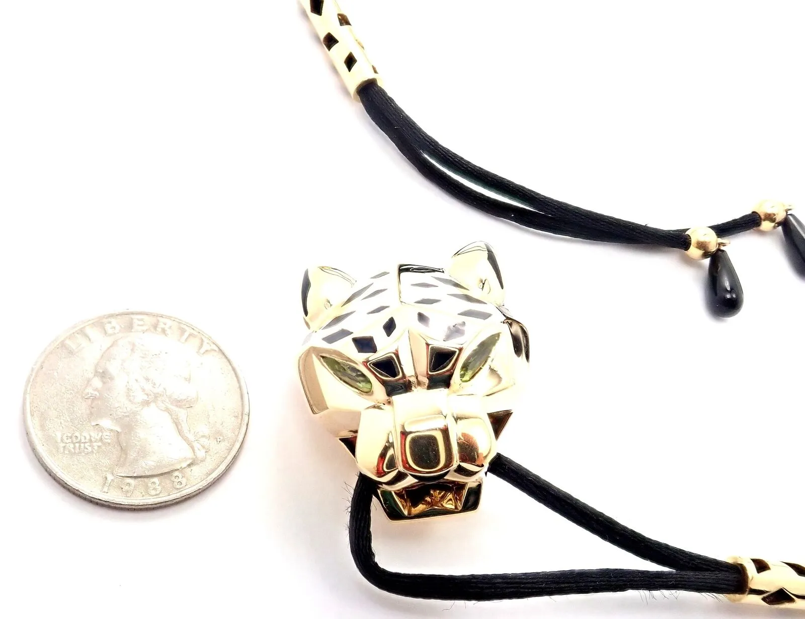Authentic Cartier Panther Panthere 18k Yellow Gold Peridot Lacquer Cord Necklace