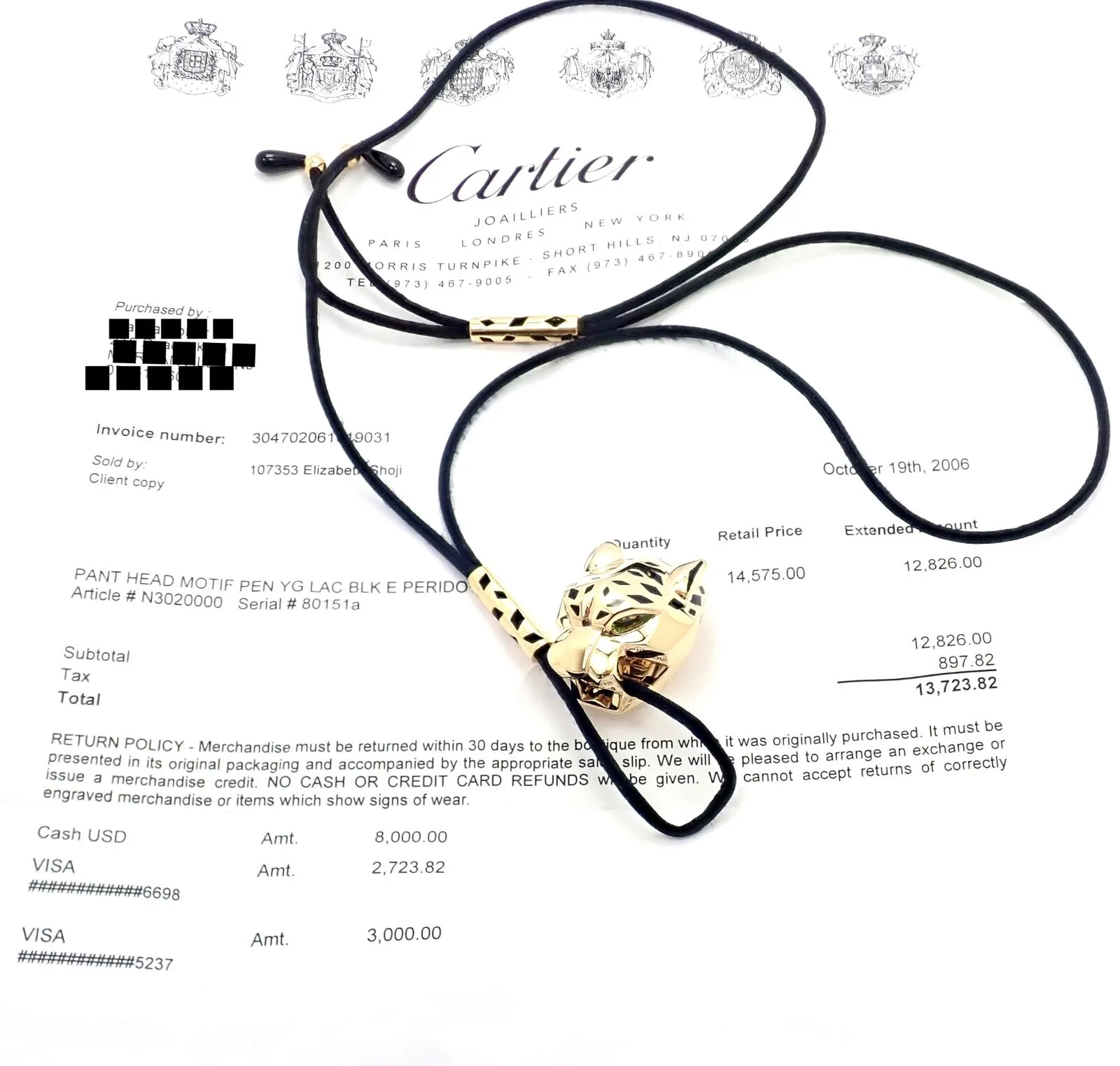 Authentic Cartier Panther Panthere 18k Yellow Gold Peridot Lacquer Cord Necklace