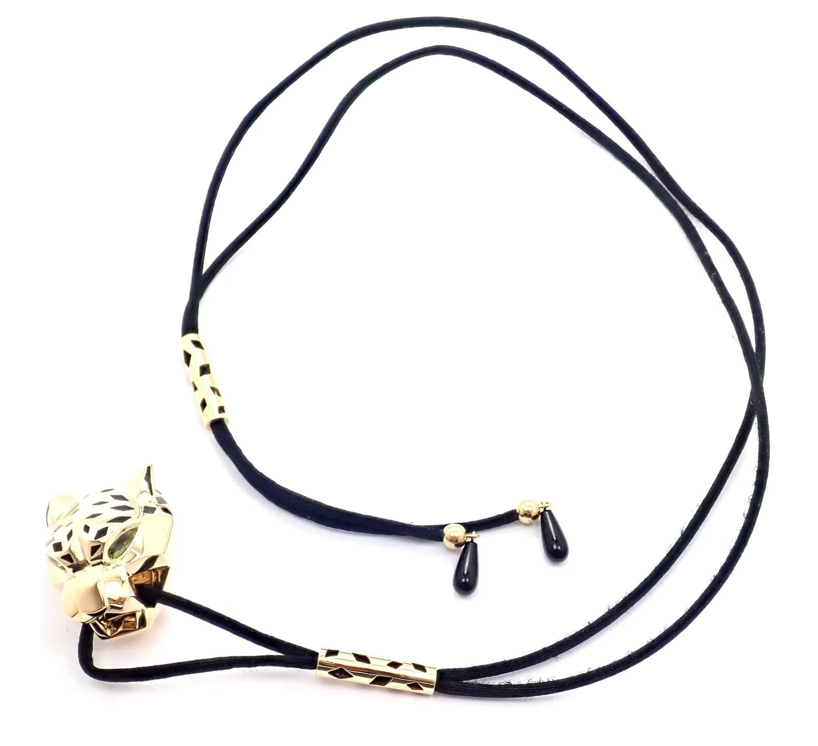 Authentic Cartier Panther Panthere 18k Yellow Gold Peridot Lacquer Cord Necklace