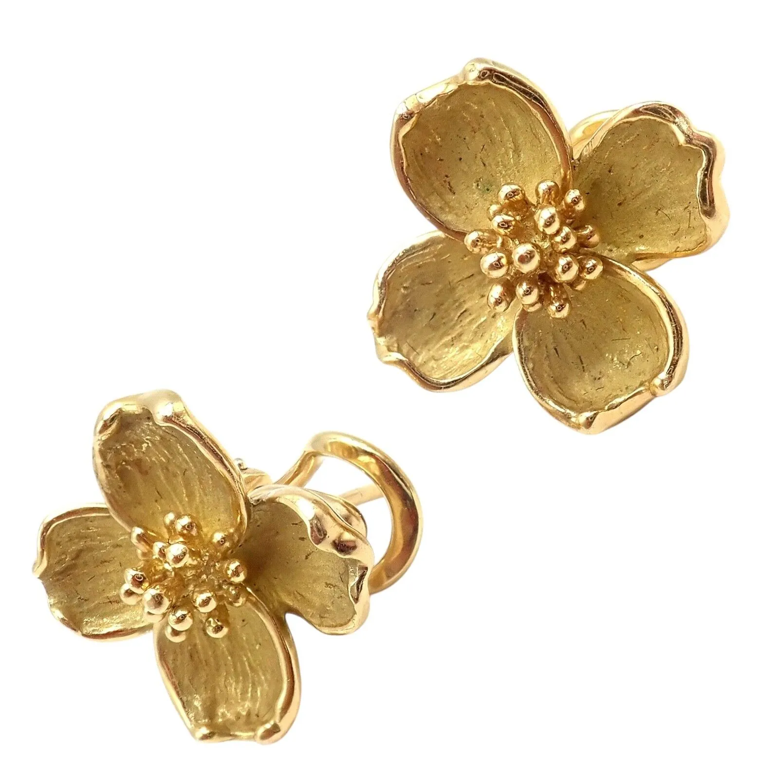 Authentic! Vintage Tiffany & Co 18K Yellow Gold Dogwood Flower Earrings