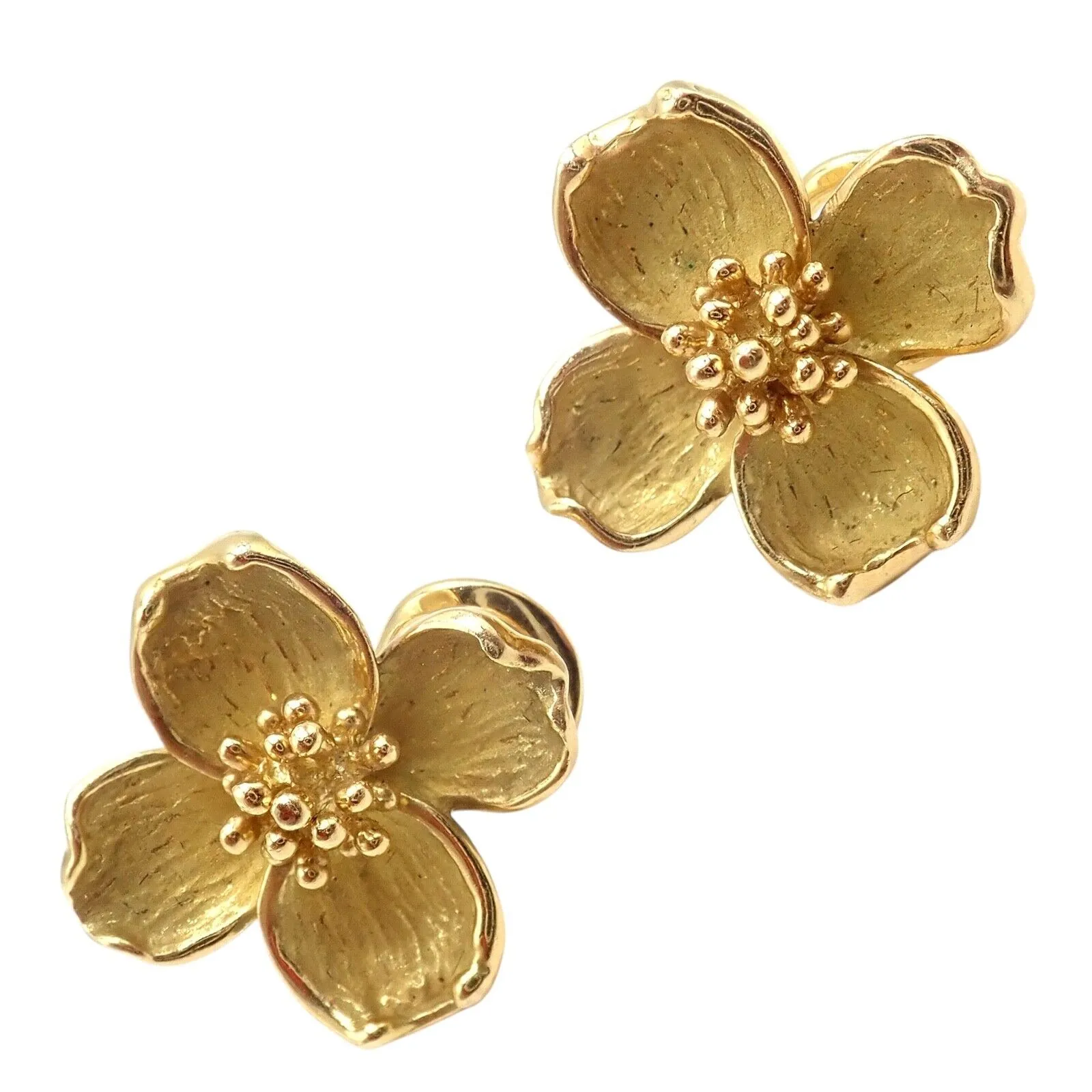 Authentic! Vintage Tiffany & Co 18K Yellow Gold Dogwood Flower Earrings